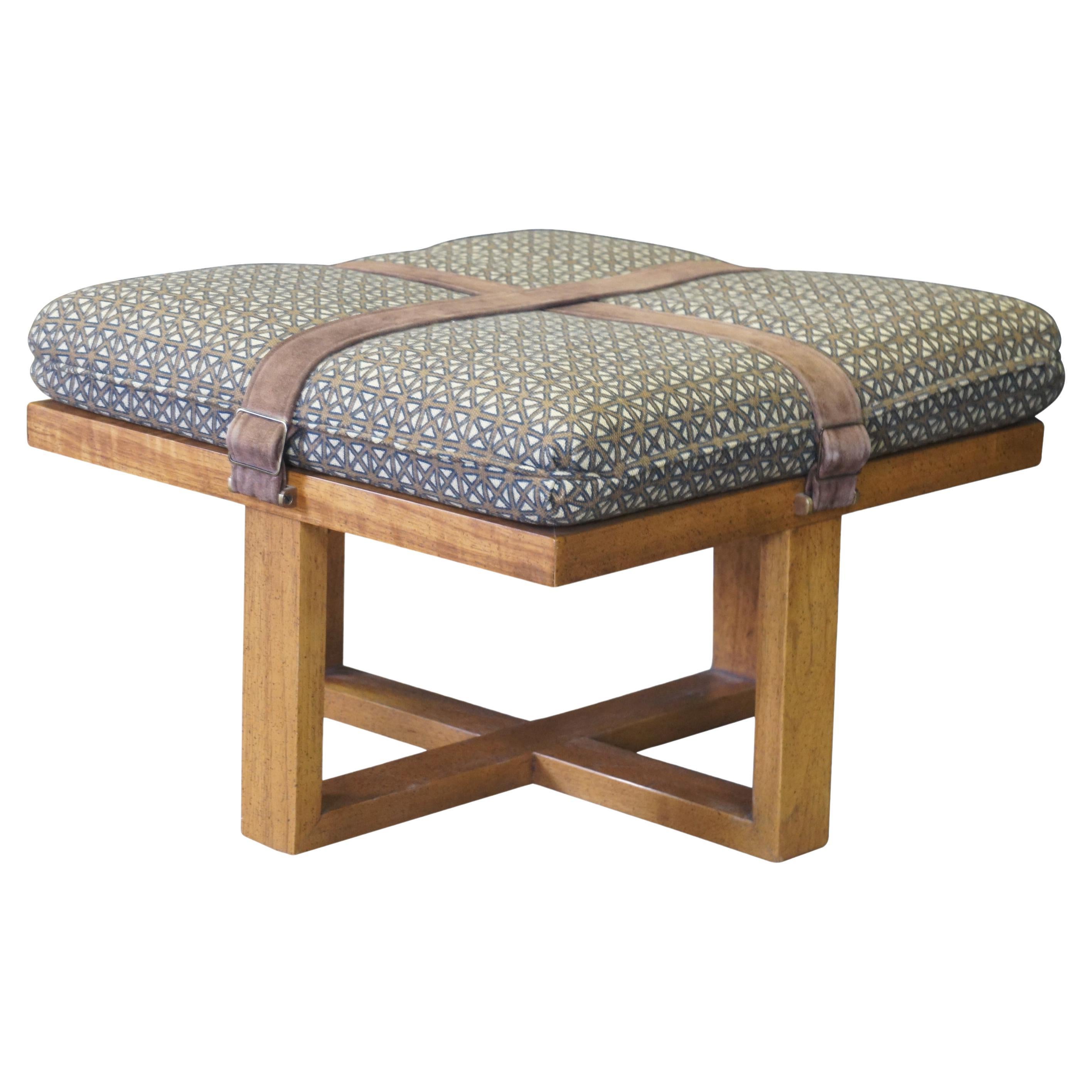 Late 20th C. Modern Oak Buckled Suede Strap Ottoman Square Foot Stool Bench MCM For Sale