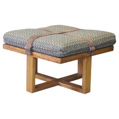 Vintage Late 20th C. Modern Oak Buckled Suede Strap Ottoman Square Foot Stool Bench MCM