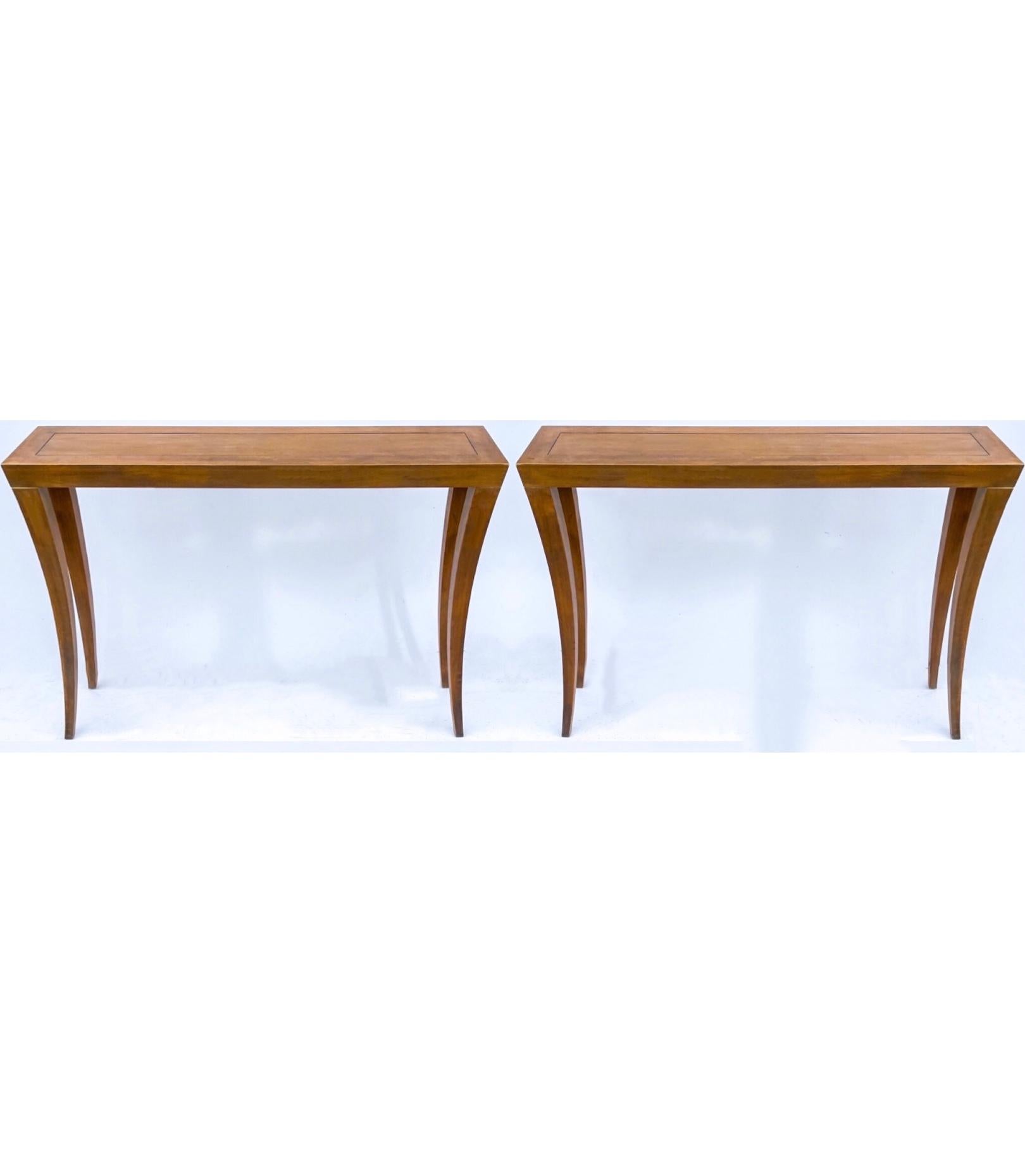 Late 20th-C. Modern Saber Leg Mahogany Console Tables by Hickory Chair, Pair In Good Condition In Kennesaw, GA