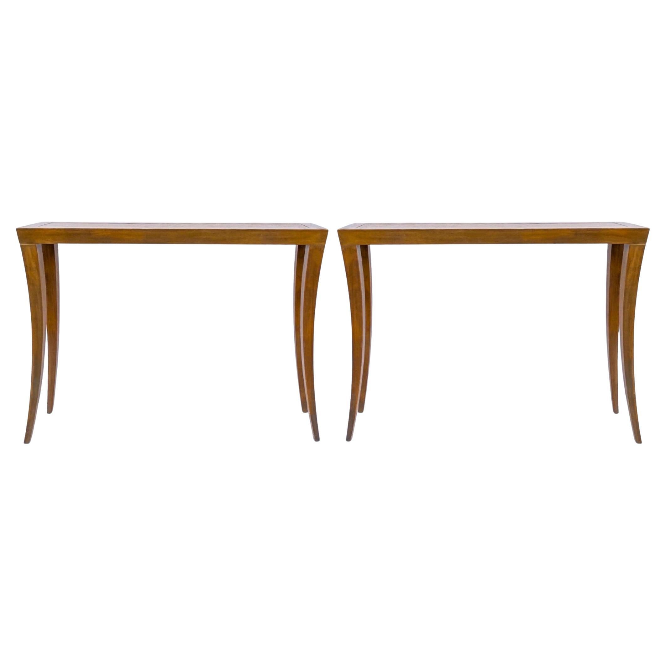 Late 20th-C. Modern Saber Leg Mahogany Console Tables by Hickory Chair, Pair