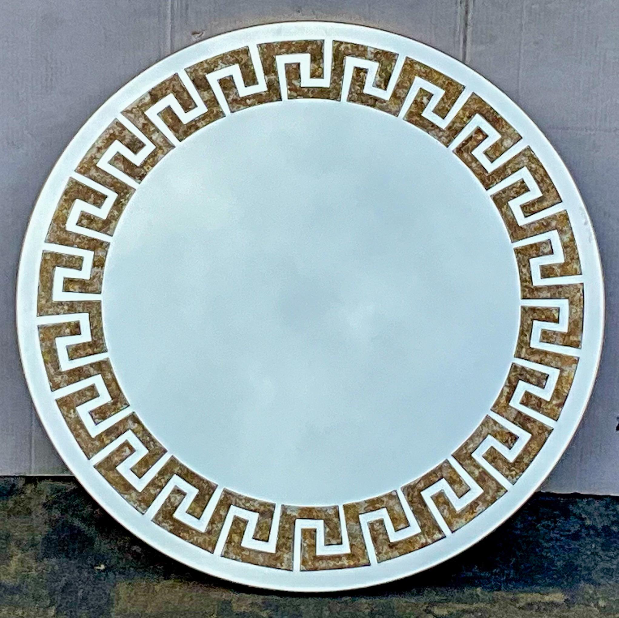 Late 20th-C. Neo-Classical Style Faux Tortoise & Greek Key Round Wall Mirror In Good Condition For Sale In Kennesaw, GA