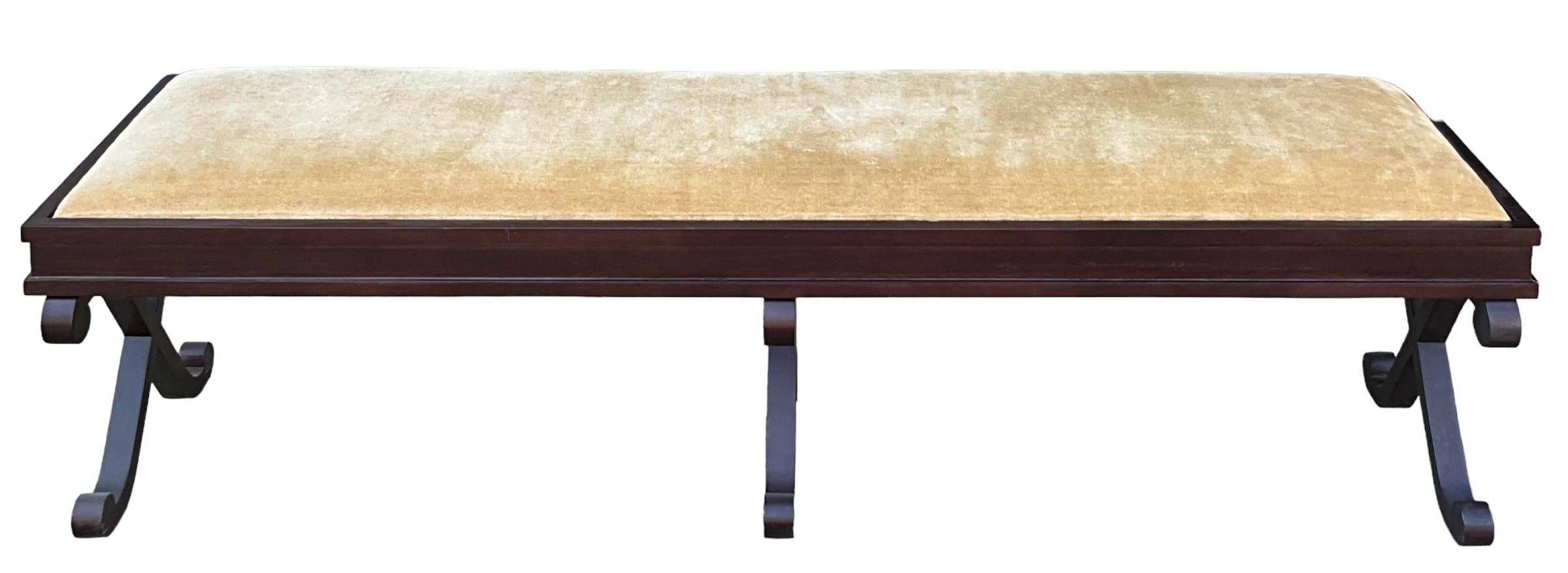 Neoclassical Late 20th-C. Neo-Classical Style Long X-Based Bench In Gold Velvet  For Sale