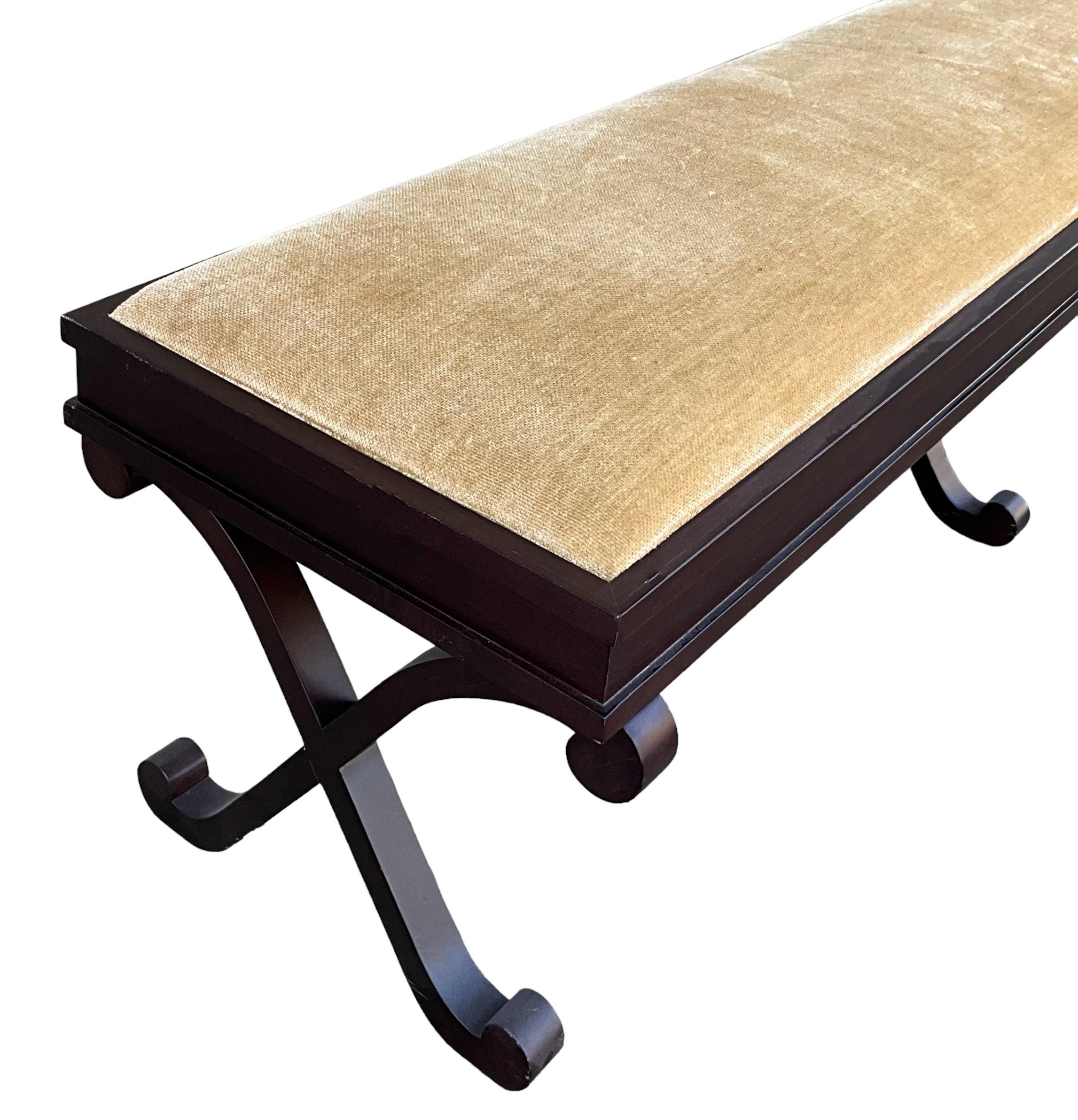 American Late 20th-C. Neo-Classical Style Long X-Based Bench In Gold Velvet  For Sale