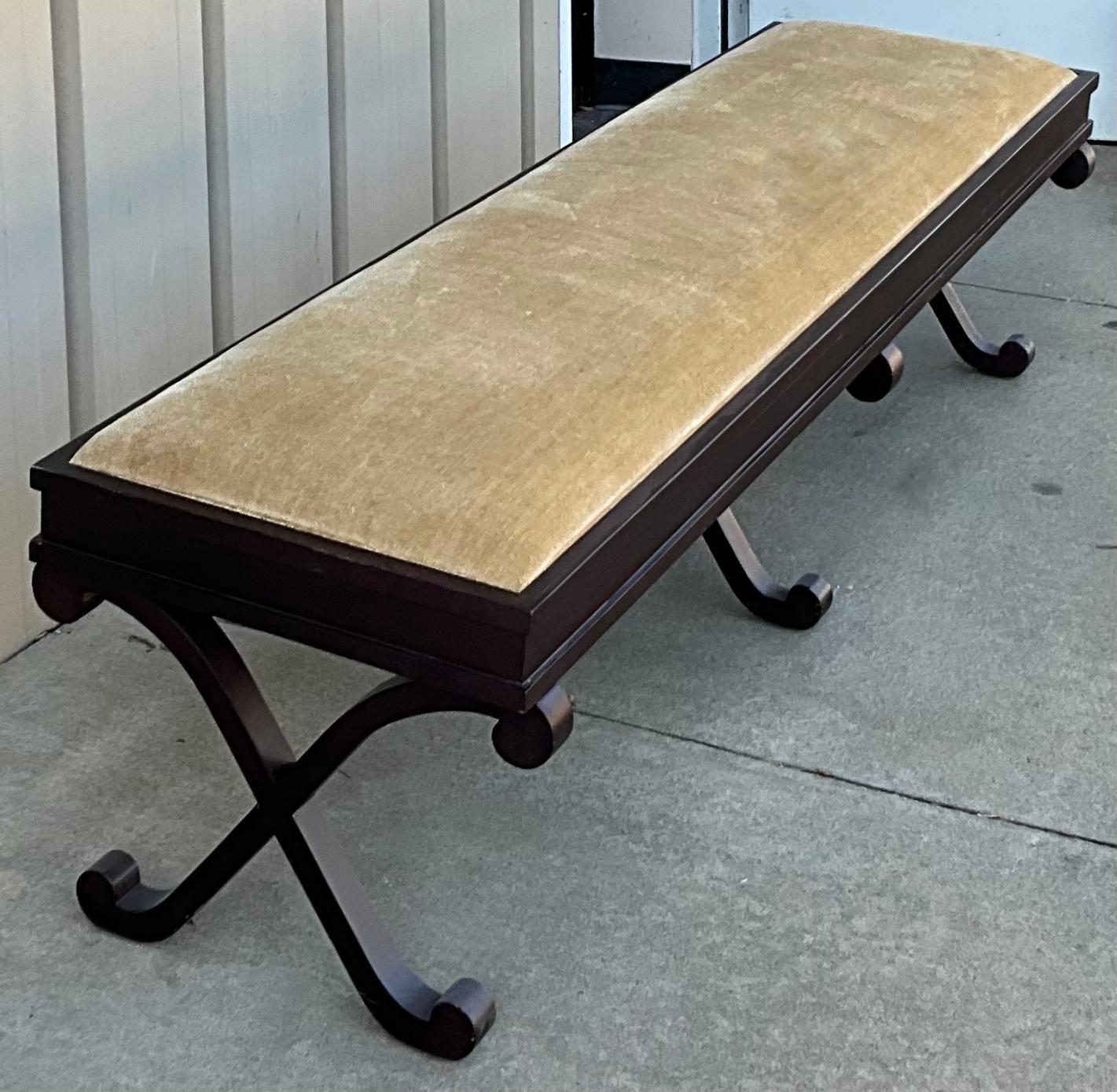 Late 20th-C. Neo-Classical Style Long X-Based Bench In Gold Velvet  In Good Condition For Sale In Kennesaw, GA