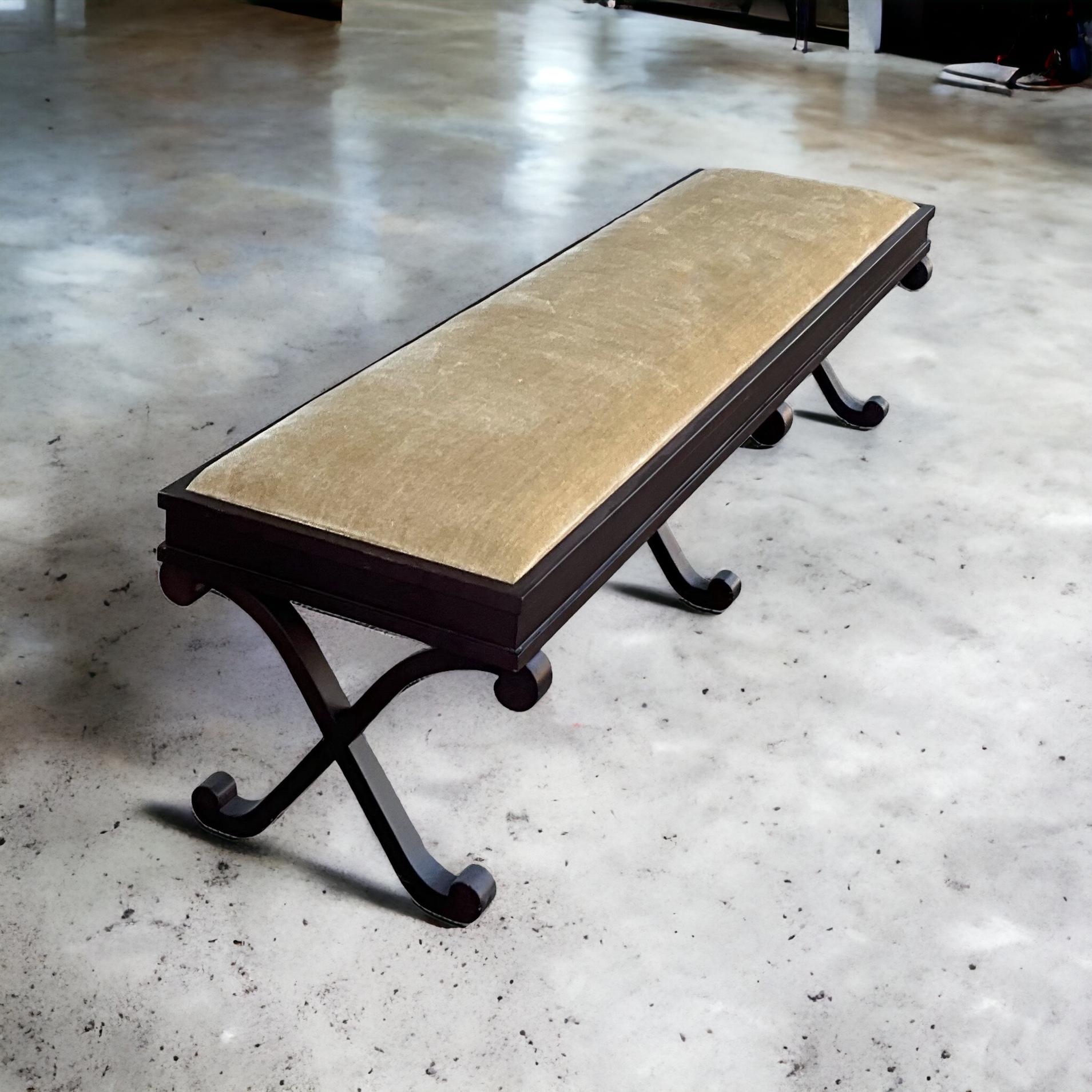 20th Century Late 20th-C. Neo-Classical Style Long X-Based Bench In Gold Velvet  For Sale