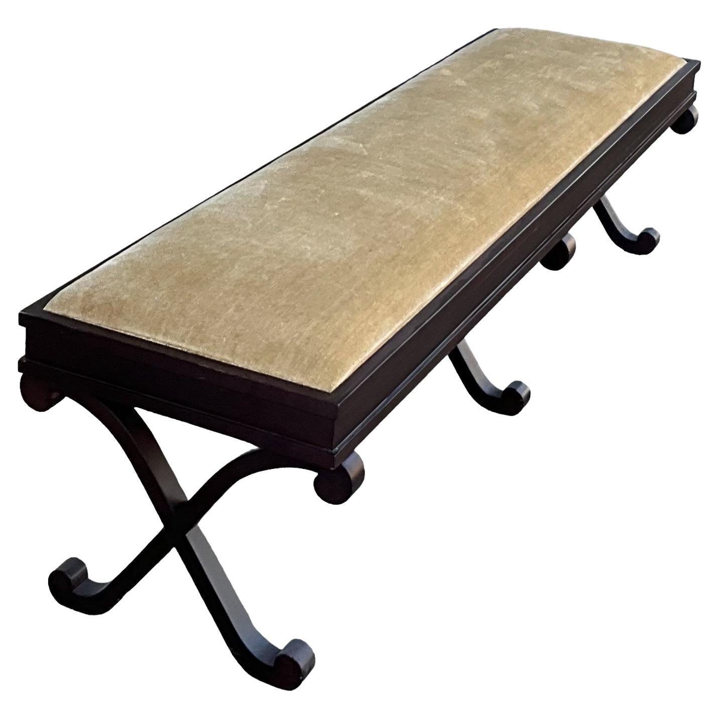 Late 20th-C. Neo-Classical Style Long X-Based Bench In Gold Velvet  For Sale