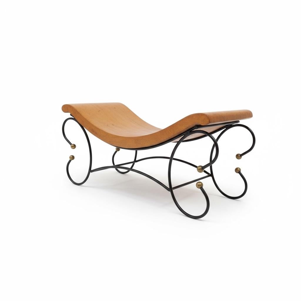 Americano Fine del XX secolo. Panchina in stile neoclassico in ferro arrotolato e cuoio in vendita