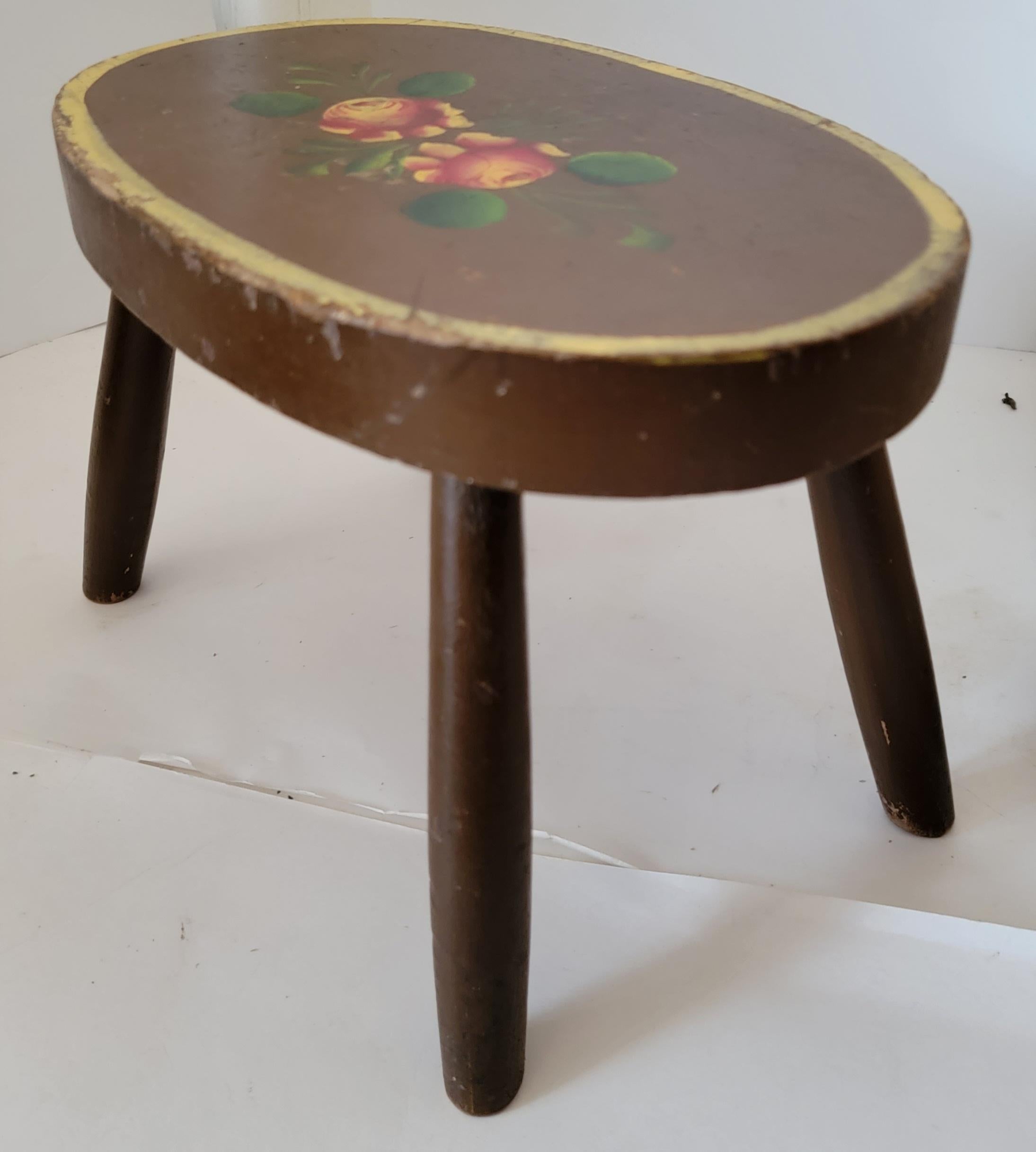 American Late 20th C Original Painted Oval Floral Stool For Sale
