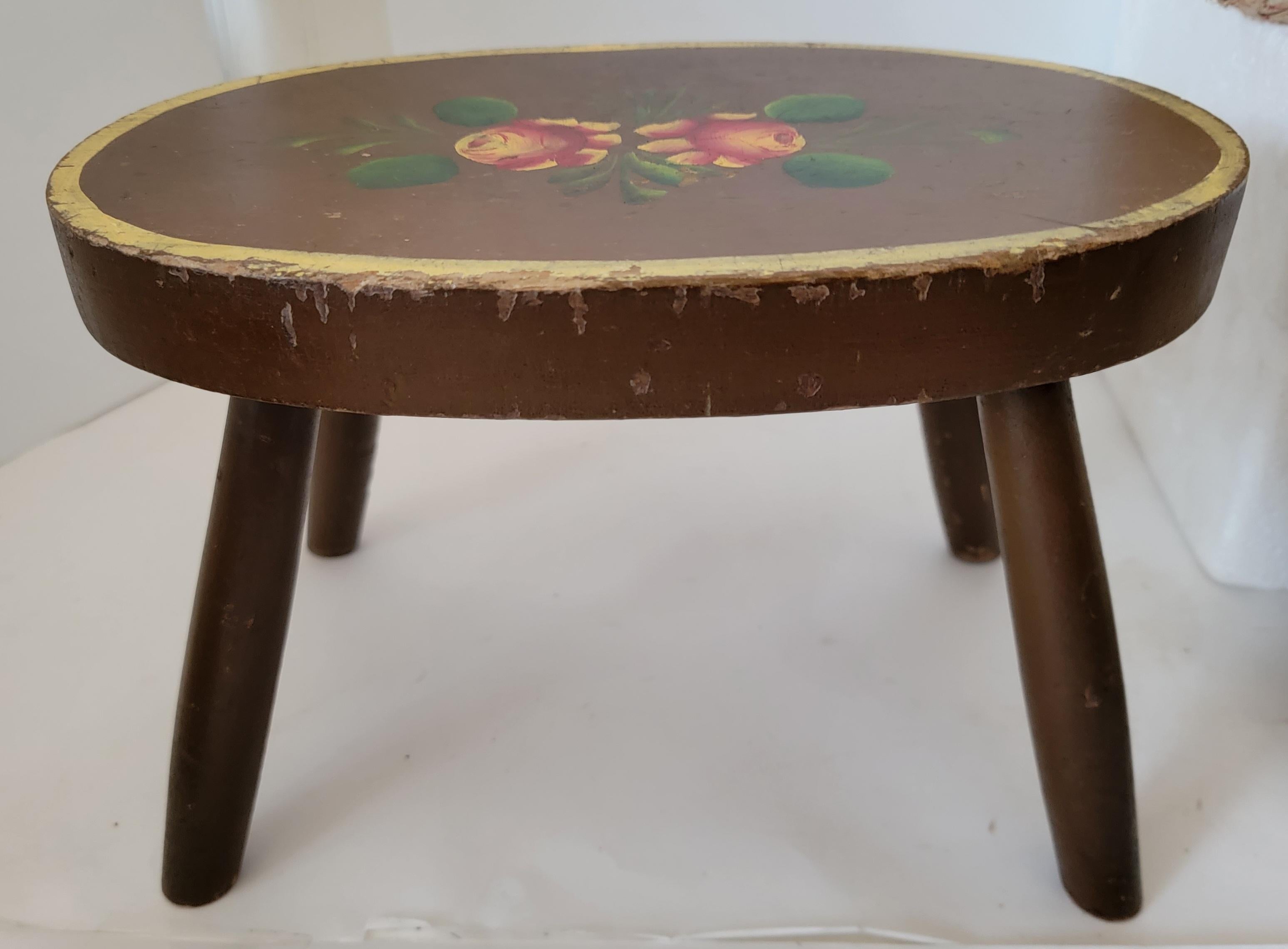 Hand-Painted Late 20th C Original Painted Oval Floral Stool For Sale