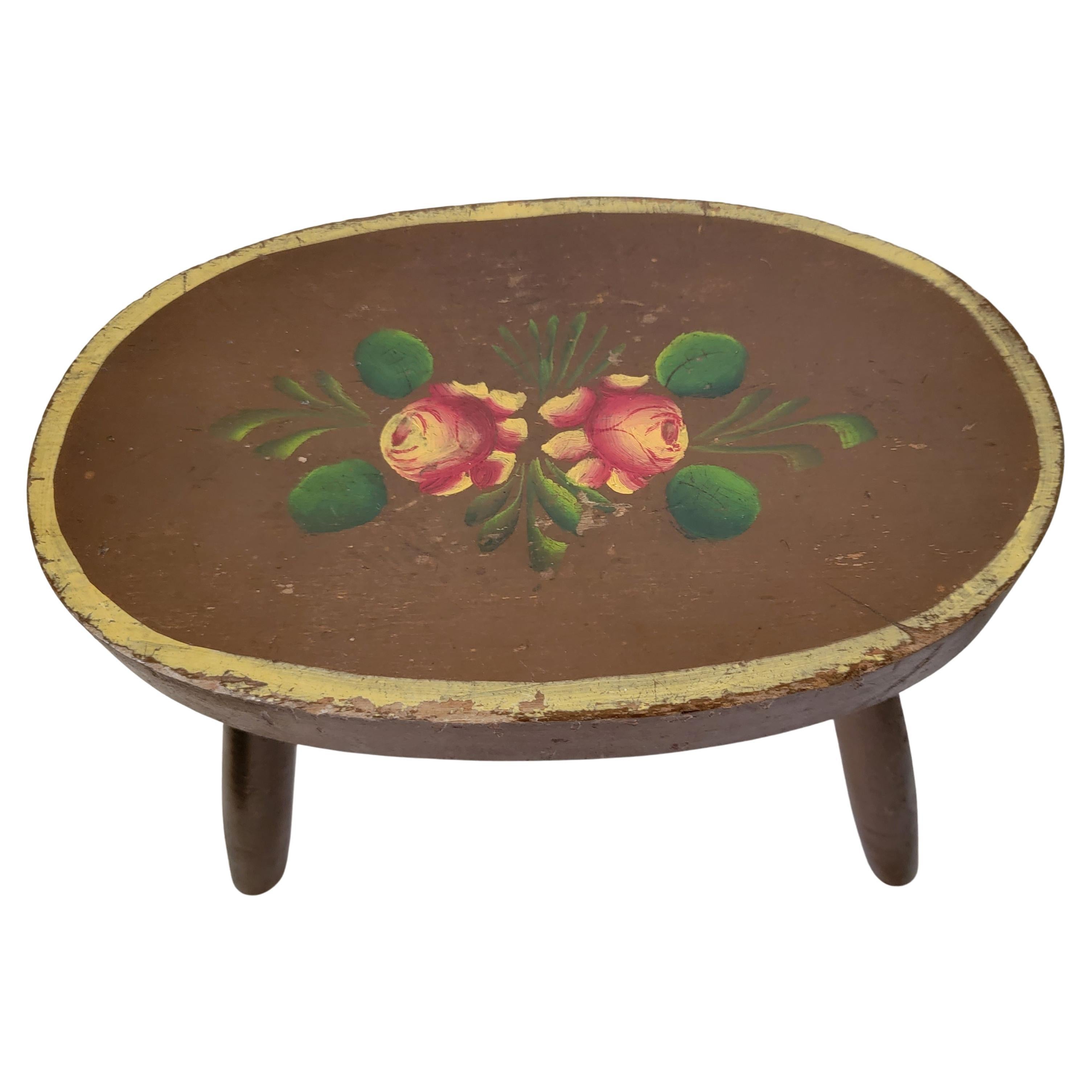 Late 20th C Original Painted Oval Floral Stool