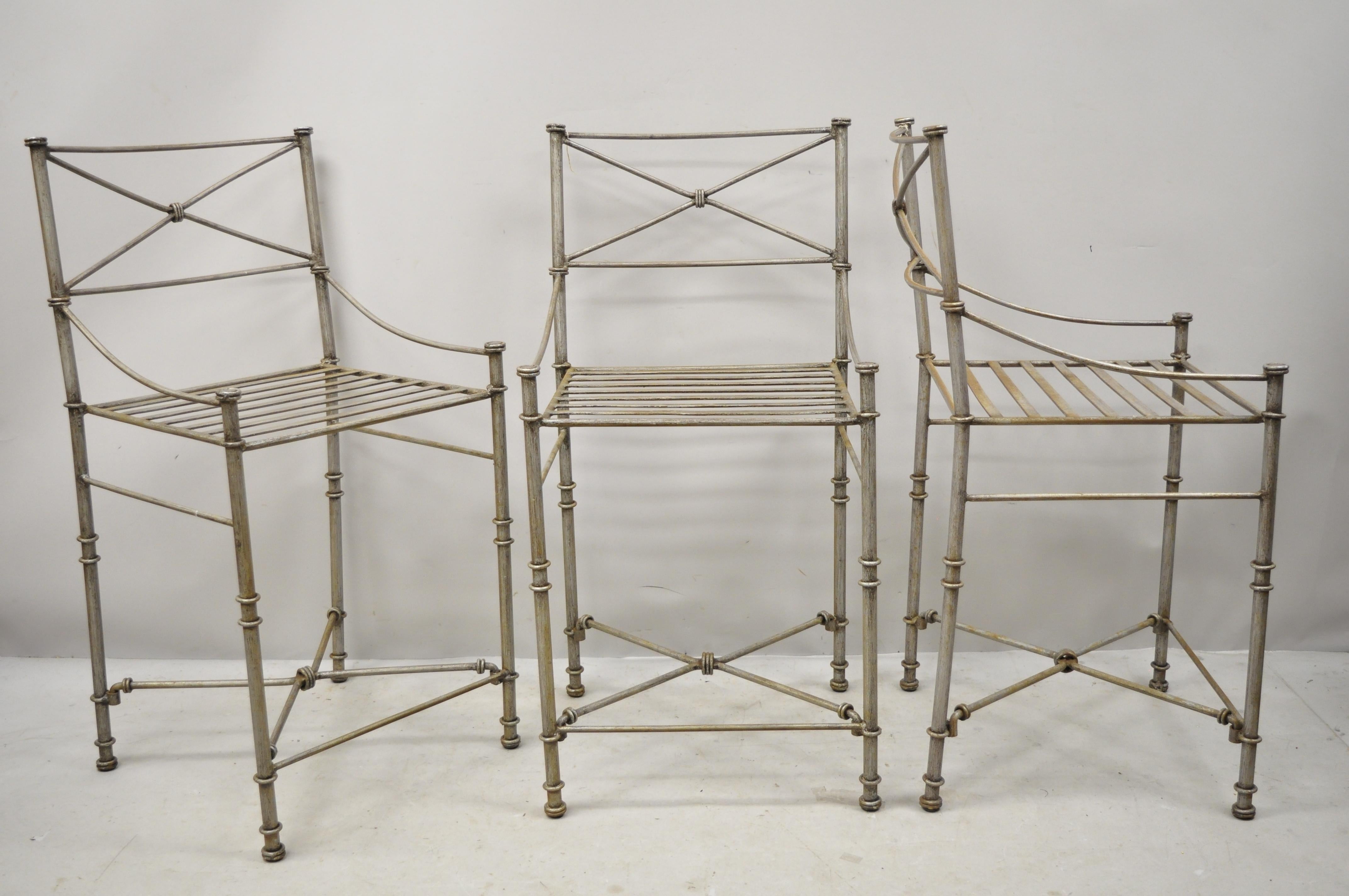 Late 20th century pier 1 Medici Pewter wrought iron counter bar stools - set of 3. Item features wrought iron construction, quality craftsmanship, great style and form, circa late 20th century. Measurements: 39