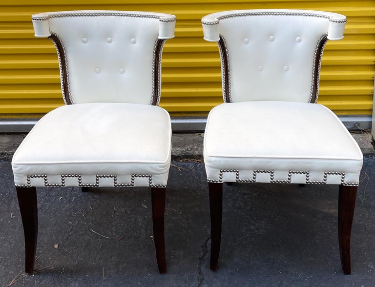 Late 20thC. Regency Style White Leather Chairs Att. To Billy Baldwin