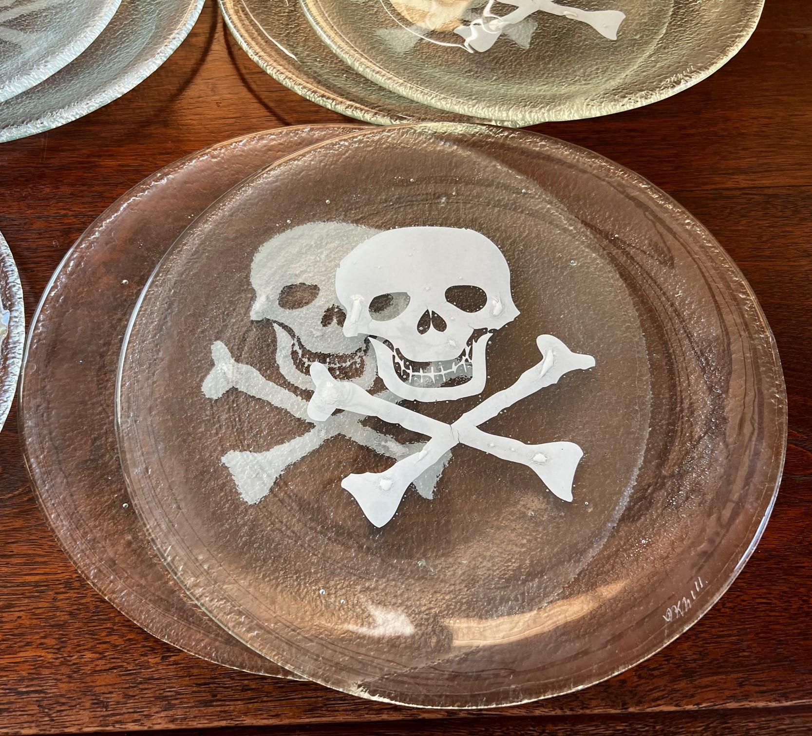 Modern Late 20th C. Set of 8 Seeded Glass Side Plates with White Skull and Crossbones For Sale