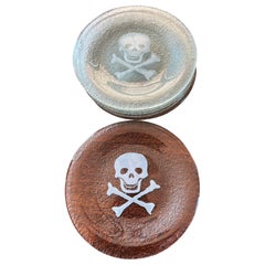 Late 20th C. Set of 8 Seeded Glass Side Plates with White Skull and Crossbones