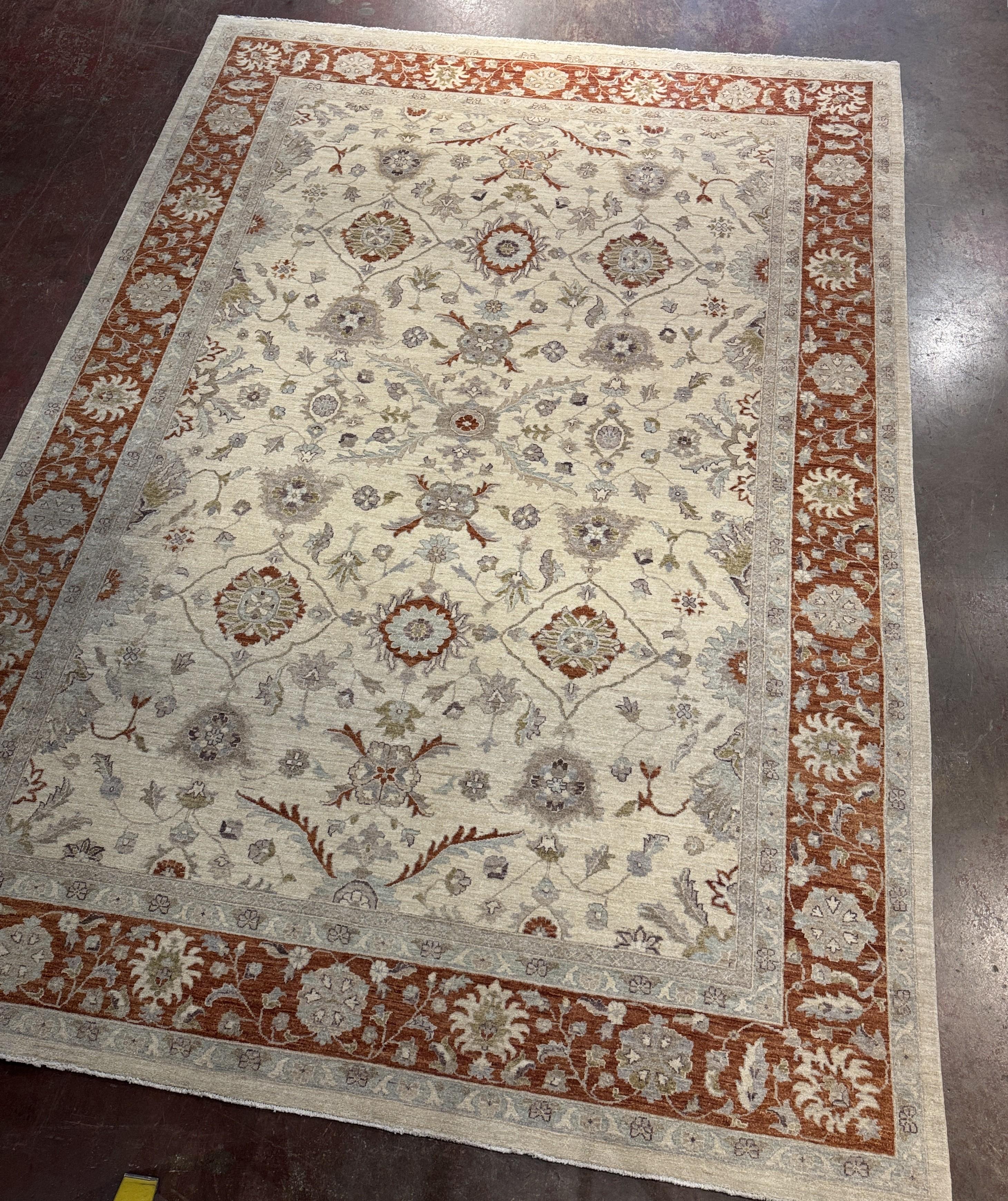 Hand-Woven Late 20th C. Turkish Oushak-Style Hand-Knotted Wool Rug with Rust Border For Sale