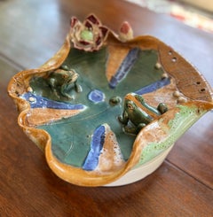 Handcrafted Ceramic Bowl with Frogs on Lily Pad, Glazed Finish, 1980s