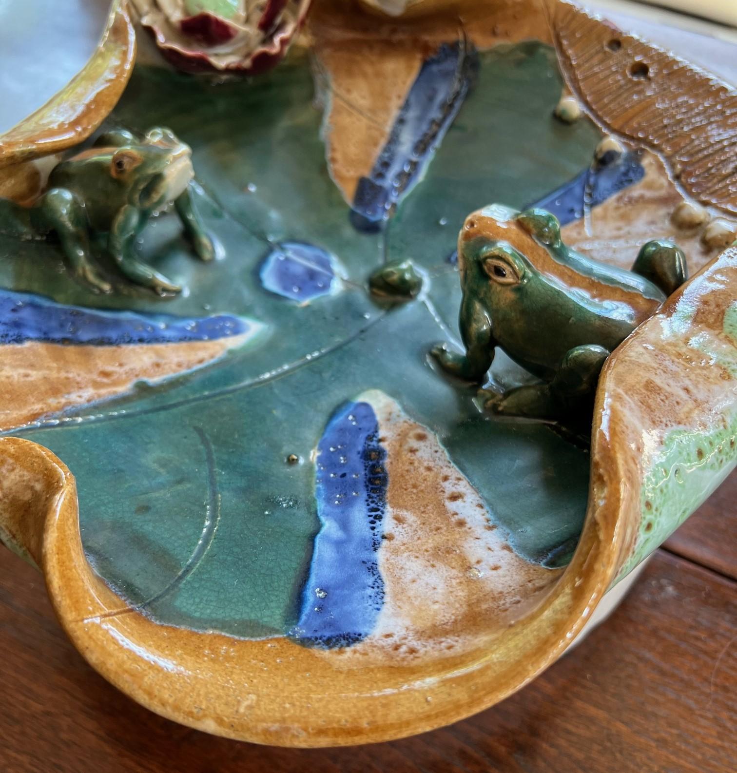 Folk Art Late 20th C. Unusual Glazed Ceramic - Two Frogs on Large Stylized Lily  Pad For Sale