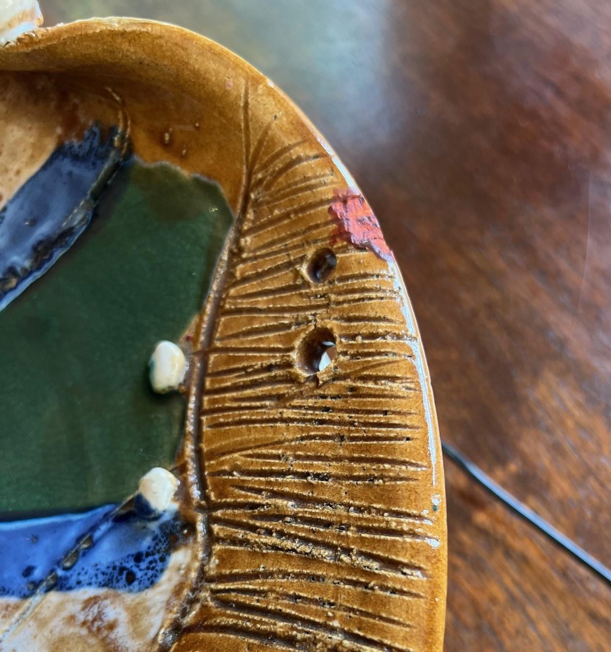 Late 20th C. Unusual Glazed Ceramic - Two Frogs on Large Stylized Lily  Pad For Sale 3
