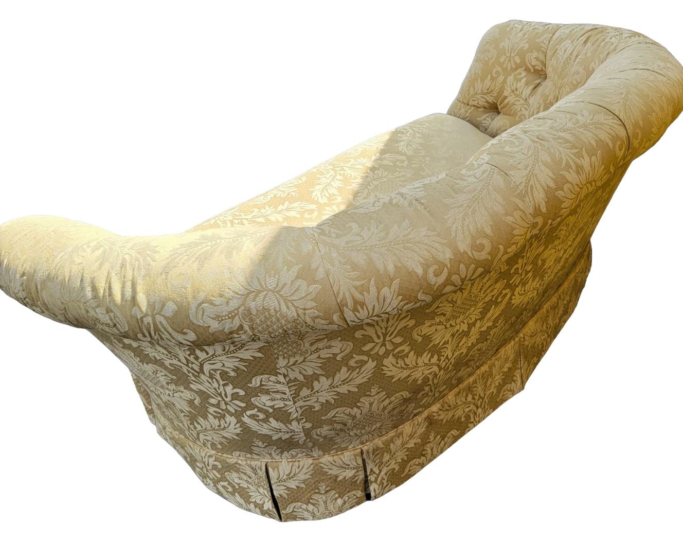 American Classical Late 20th-C. Yellow Damask Tufted Sofa / Settee With Down Cushion By Baker Furn.
