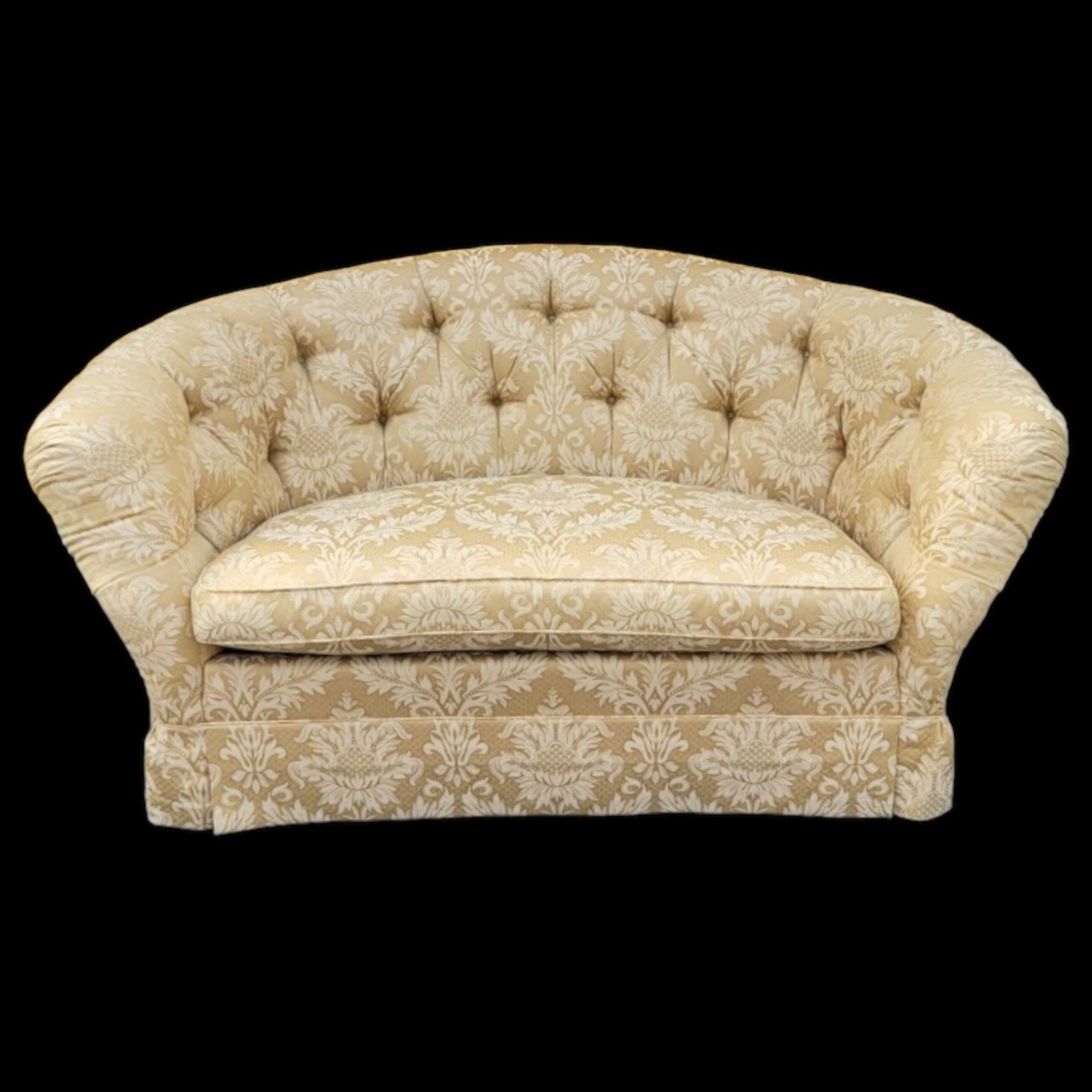 North American Late 20th-C. Yellow Damask Tufted Sofa / Settee With Down Cushion By Baker Furn.