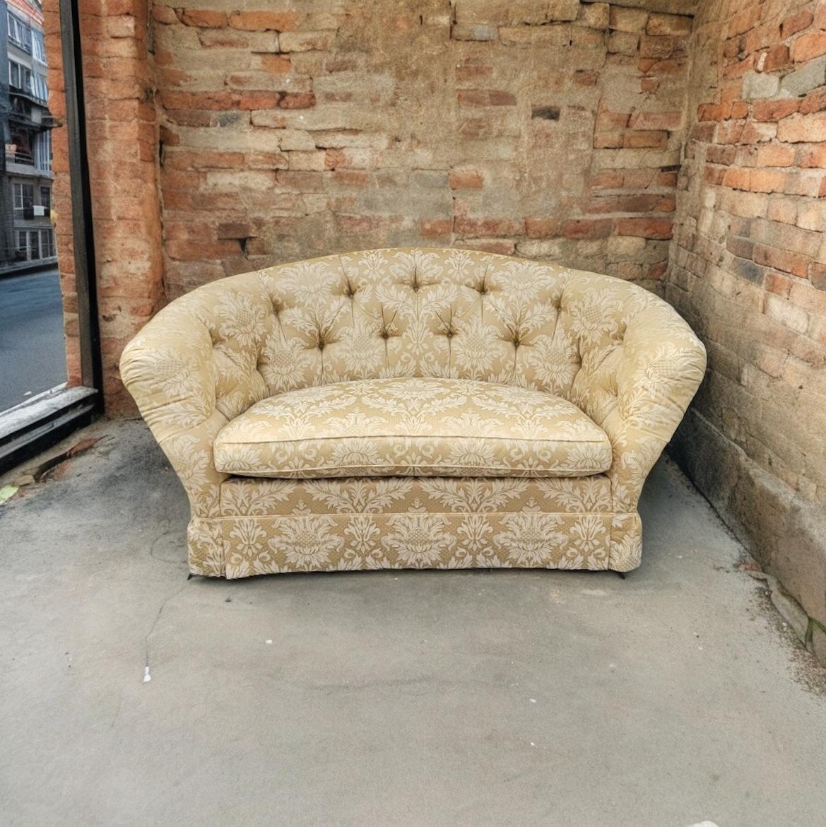 20th Century Late 20th-C. Yellow Damask Tufted Sofa / Settee With Down Cushion By Baker Furn.