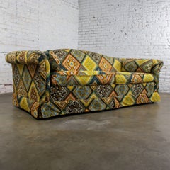 Late 20th Camelback Sofa w/Multicolored Patchwork Fabric & Tight Back by Rowe