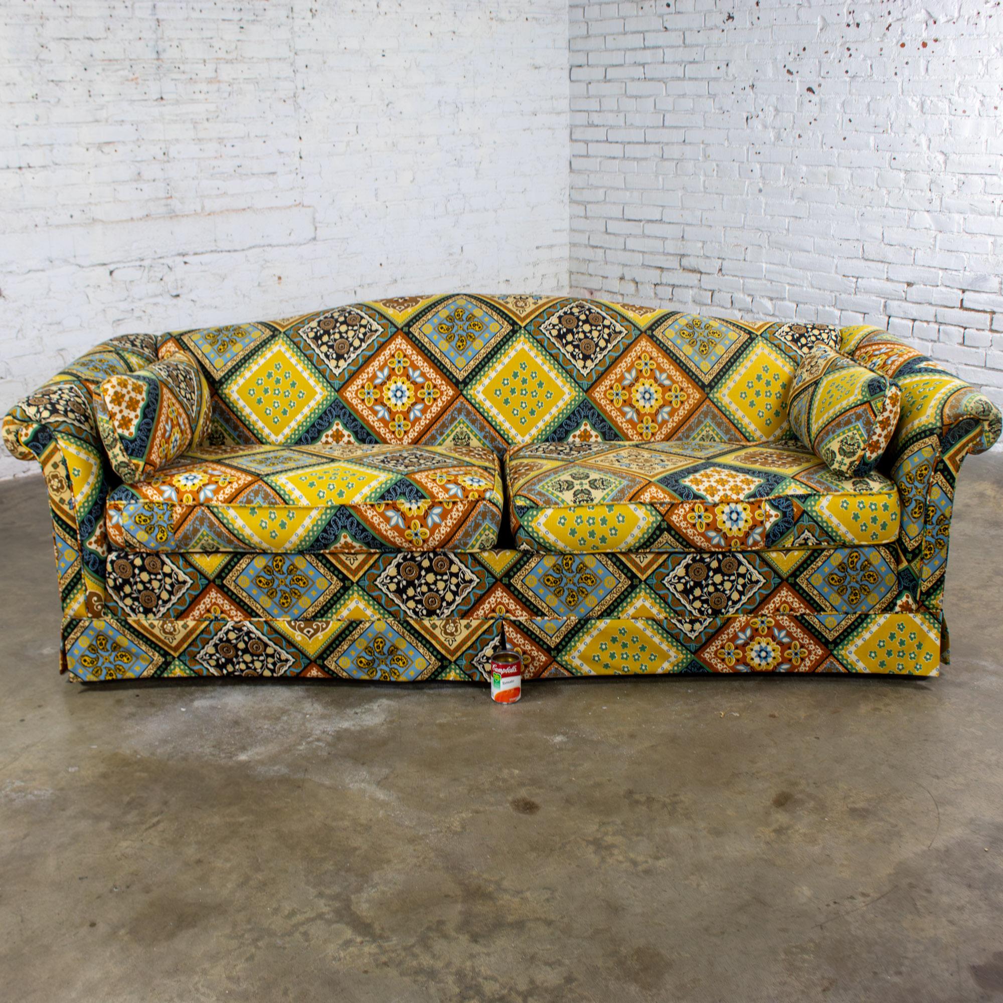 Late 20th Camelback Sofa w/Multicolored Patchwork Fabric & Tight Back by Rowe For Sale 14