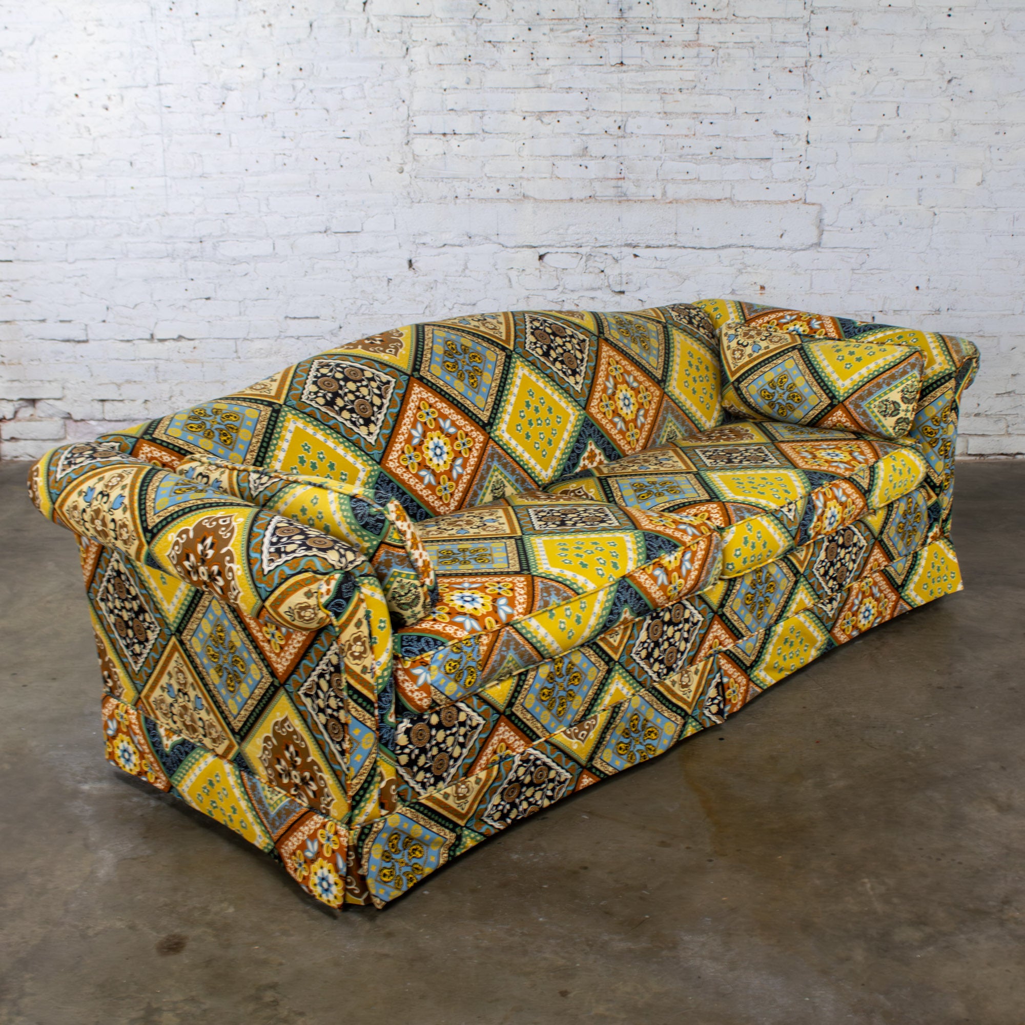 Bohemian Late 20th Camelback Sofa w/Multicolored Patchwork Fabric & Tight Back by Rowe For Sale