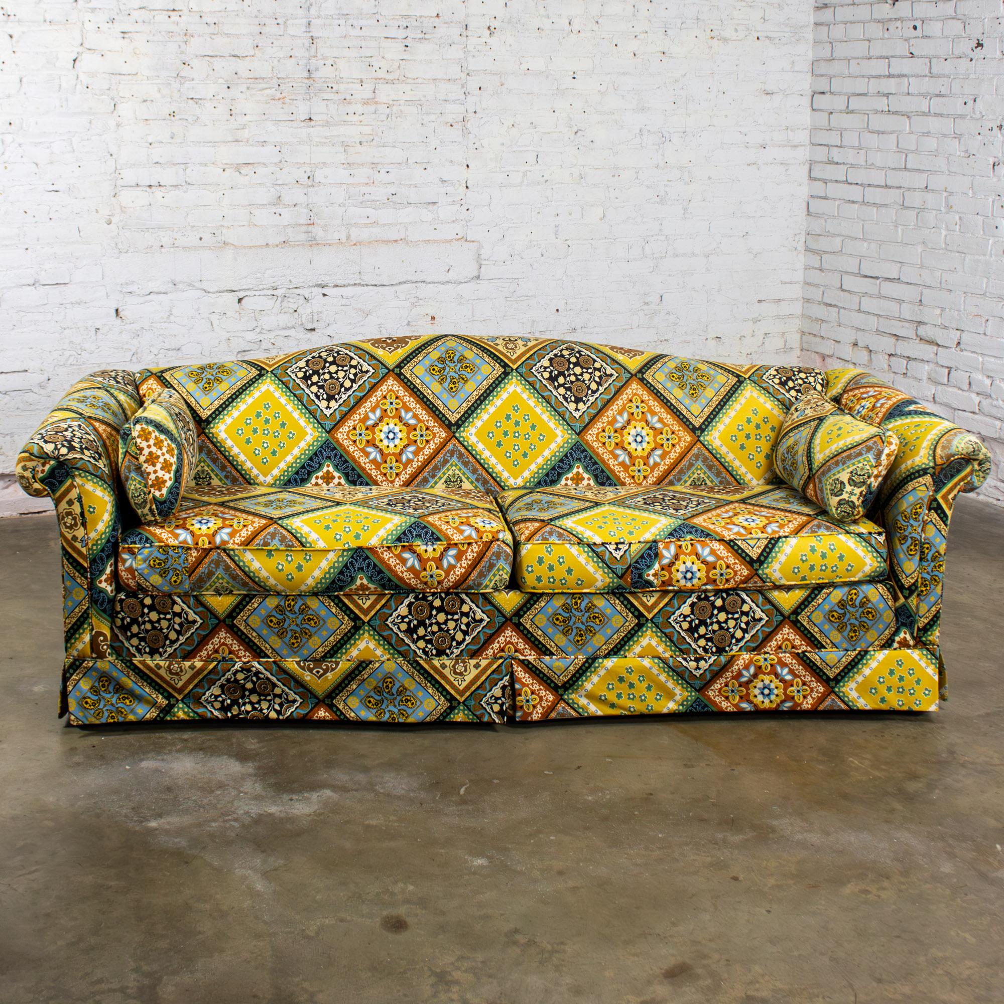 American Late 20th Camelback Sofa w/Multicolored Patchwork Fabric & Tight Back by Rowe For Sale