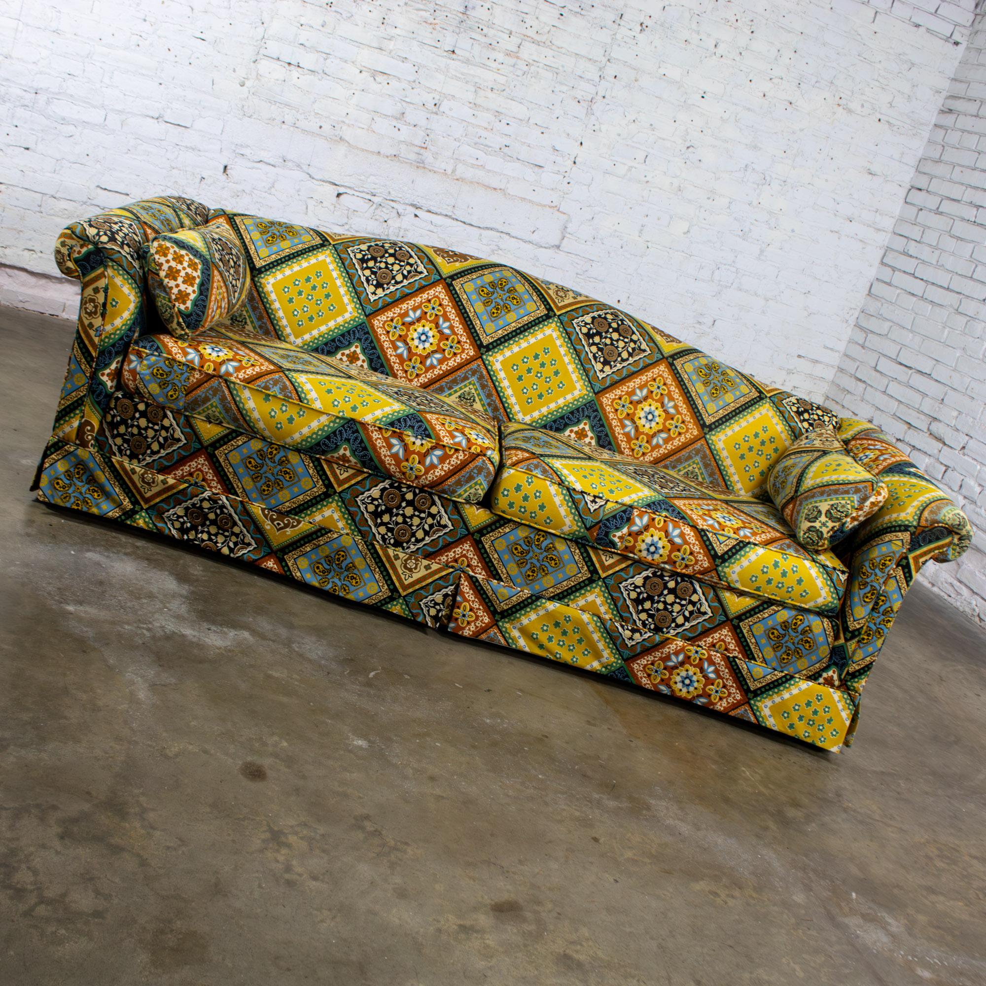 Late 20th Camelback Sofa w/Multicolored Patchwork Fabric & Tight Back by Rowe In Good Condition For Sale In Topeka, KS
