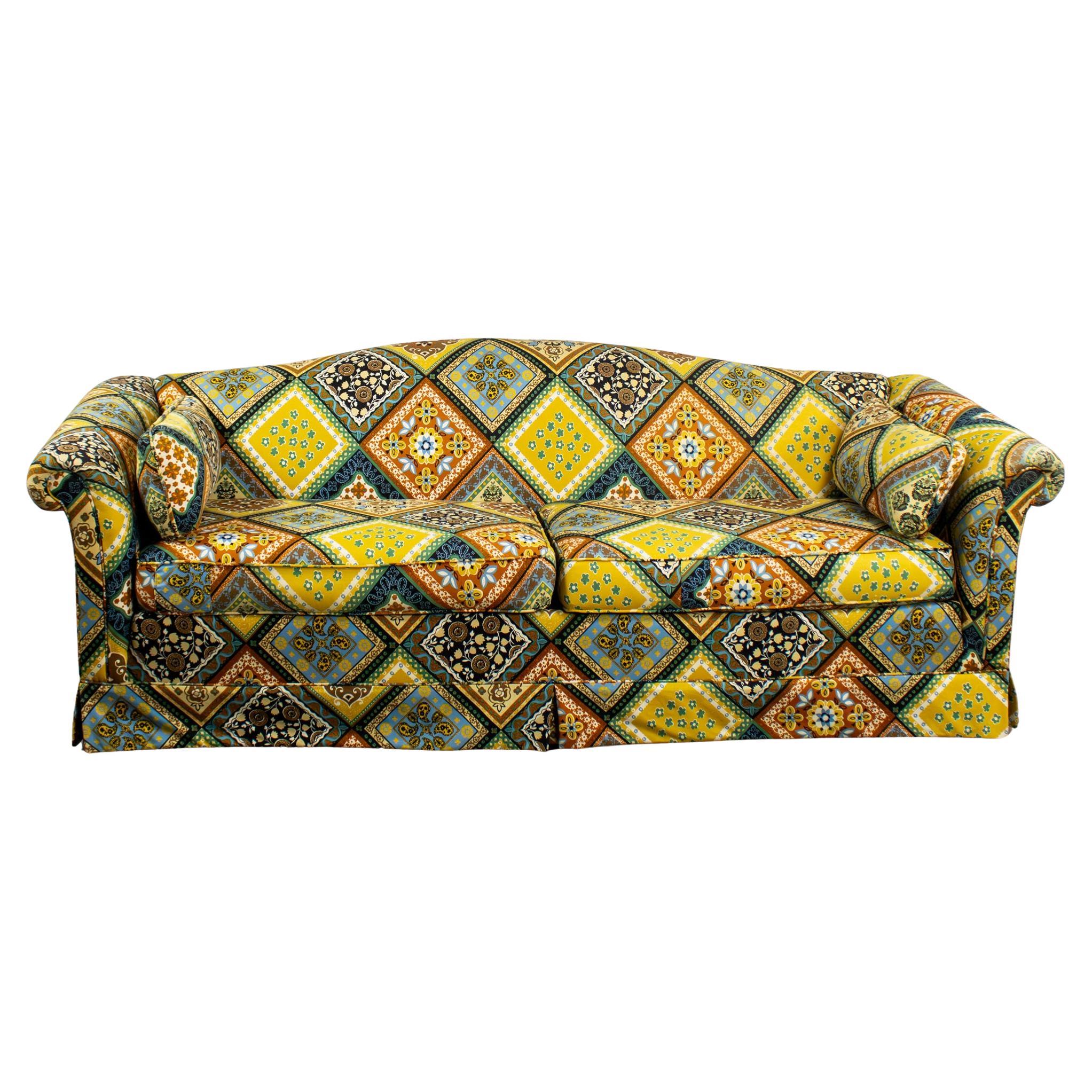 Late 20th Camelback Sofa w/Multicolored Patchwork Fabric & Tight Back by Rowe For Sale