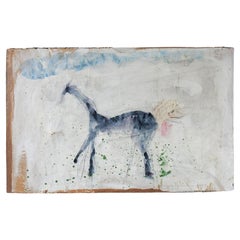 Vintage Abstract Dark Blue Horse Mixed Media  Painting