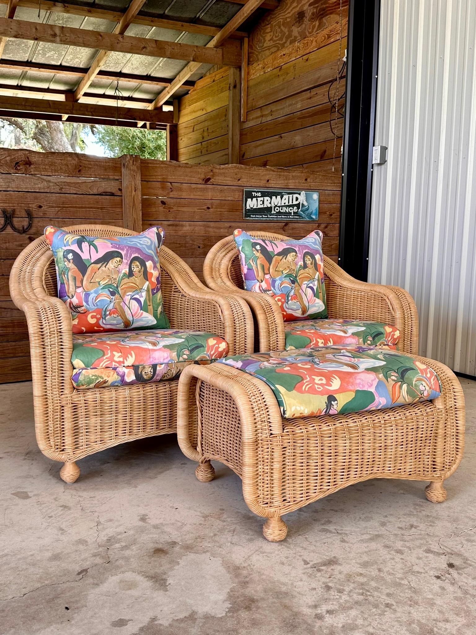 Late 20th-Centurey Rattan Wicker Braid Lounge chairs and Ottoman Set 5