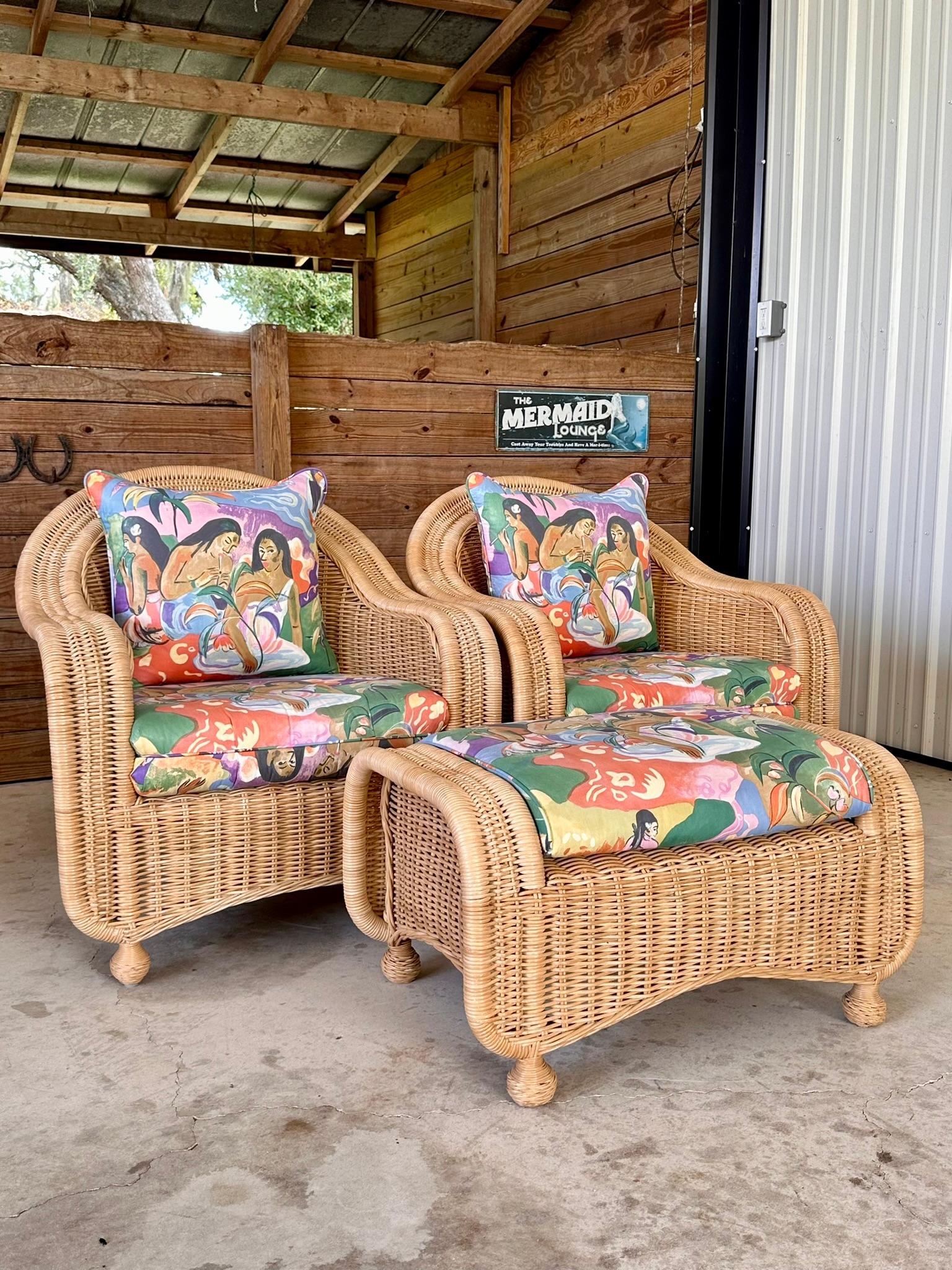 Late 20th-Centurey Rattan Wicker Braid Lounge chairs and Ottoman Set 7
