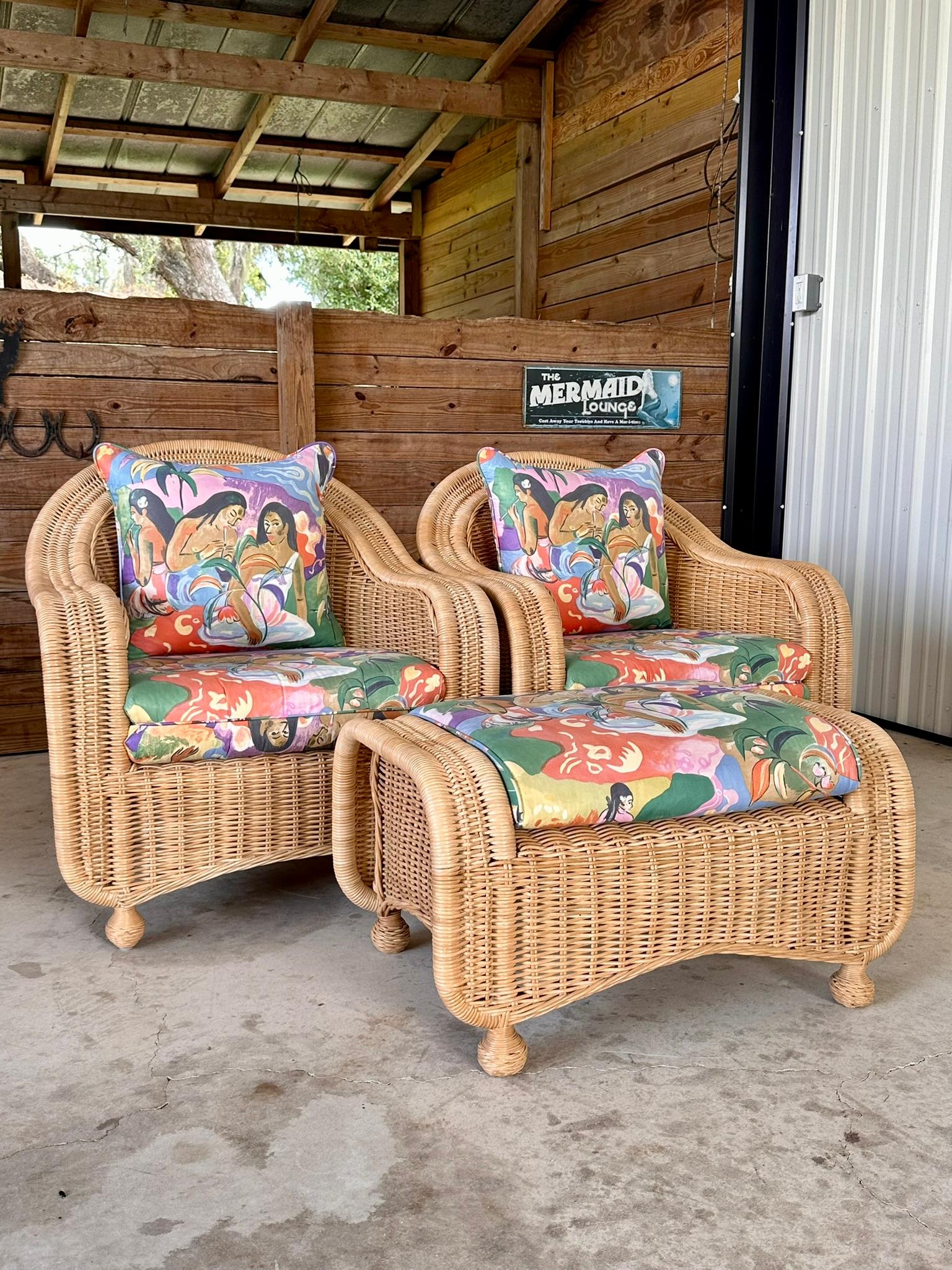 Late 20th-Centurey Rattan Wicker Braid Lounge chairs and Ottoman Set 9