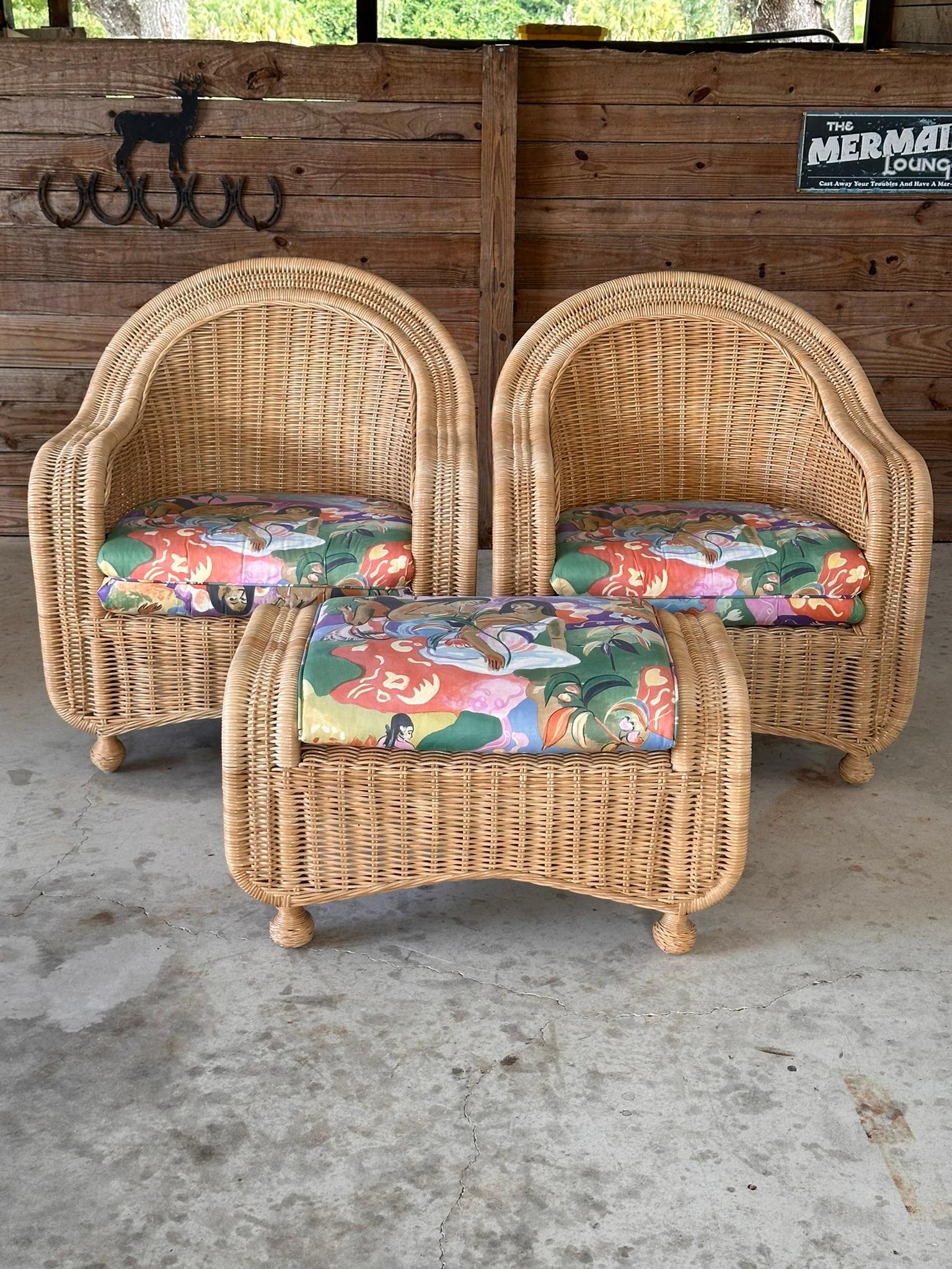 Late 20th-Centurey Rattan Wicker Braid Lounge chairs and Ottoman Set 11