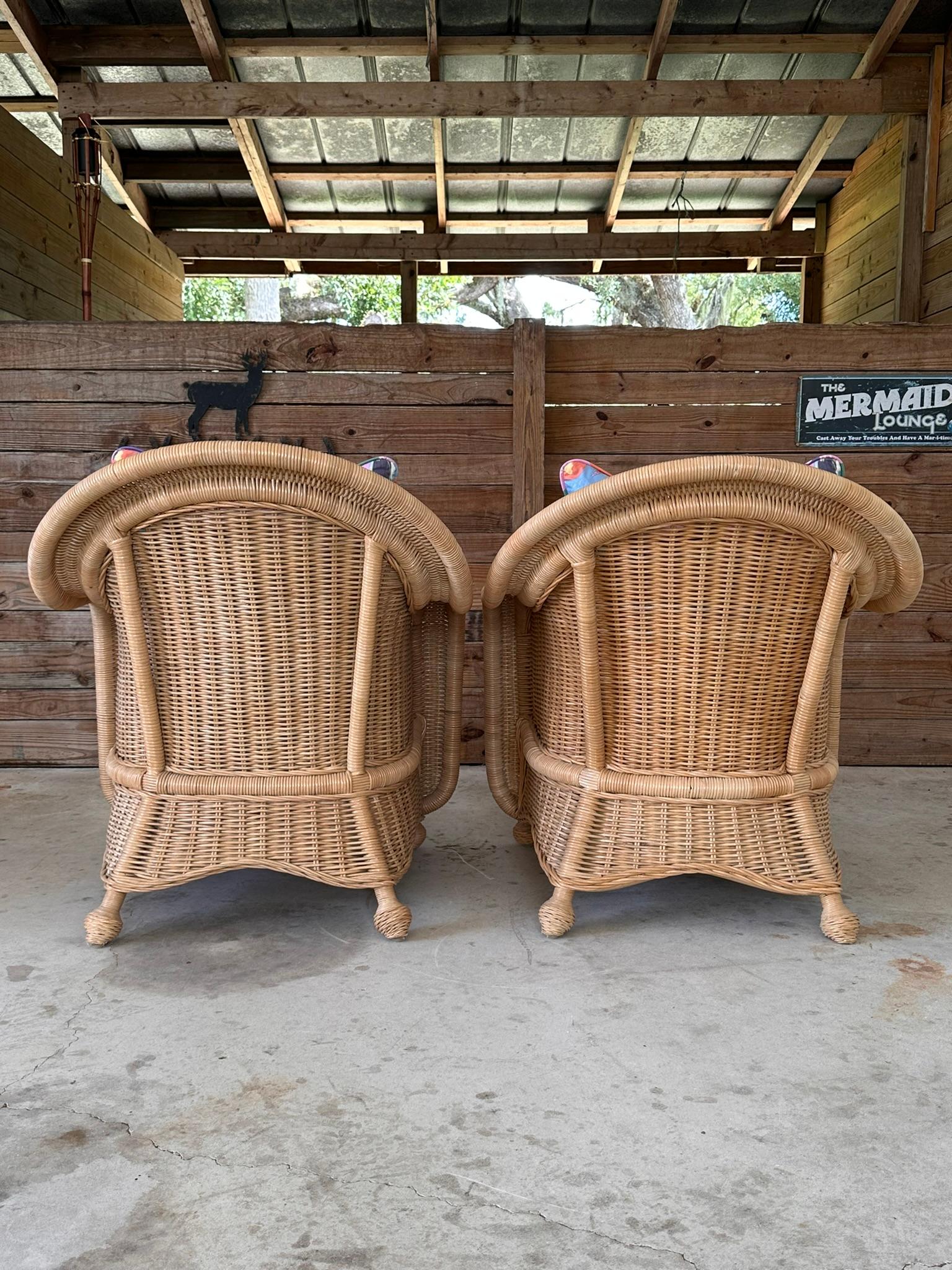 Unknown Late 20th-Centurey Rattan Wicker Braid Lounge chairs and Ottoman Set