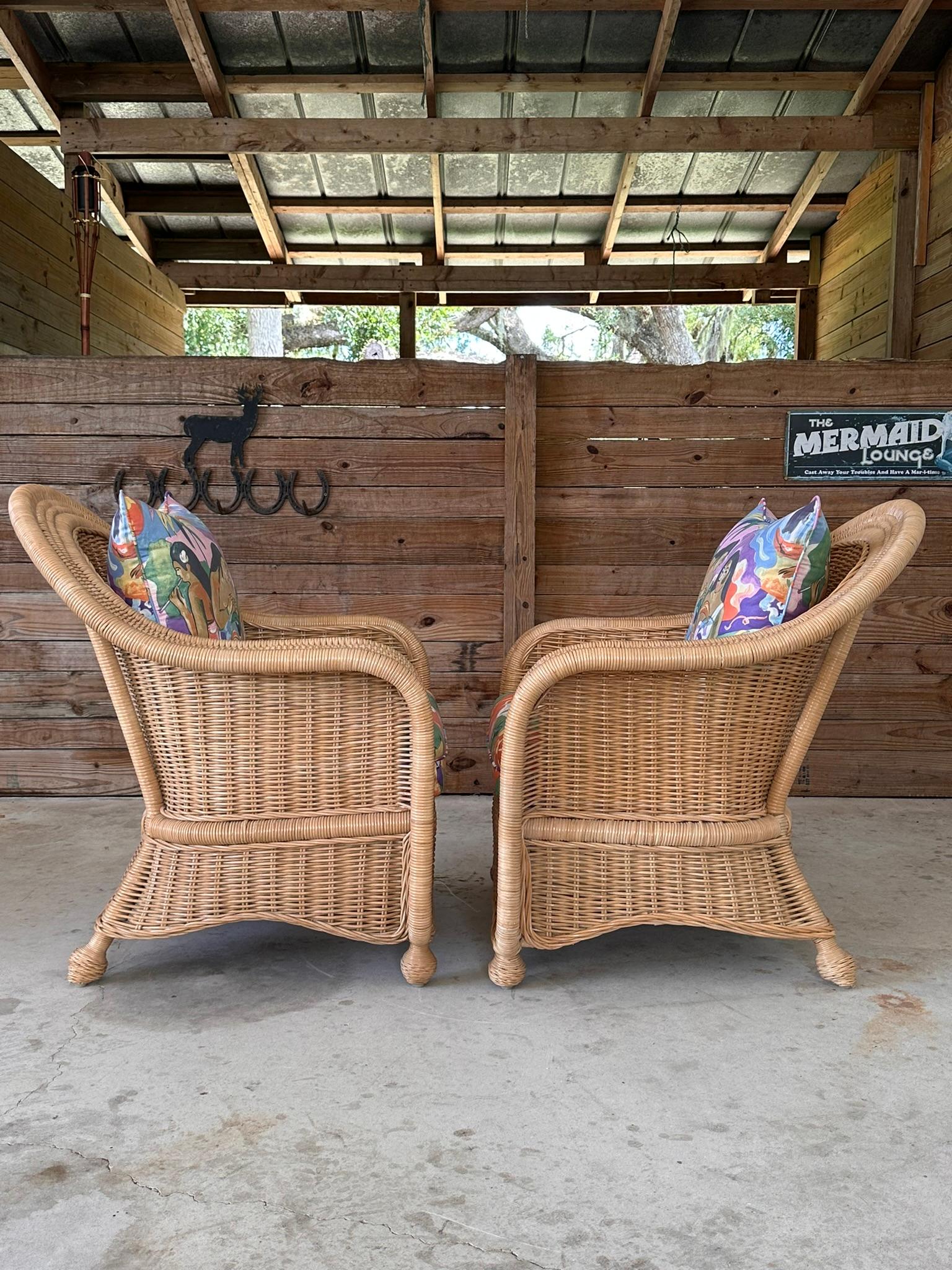 Late 20th-Centurey Rattan Wicker Braid Lounge chairs and Ottoman Set 1