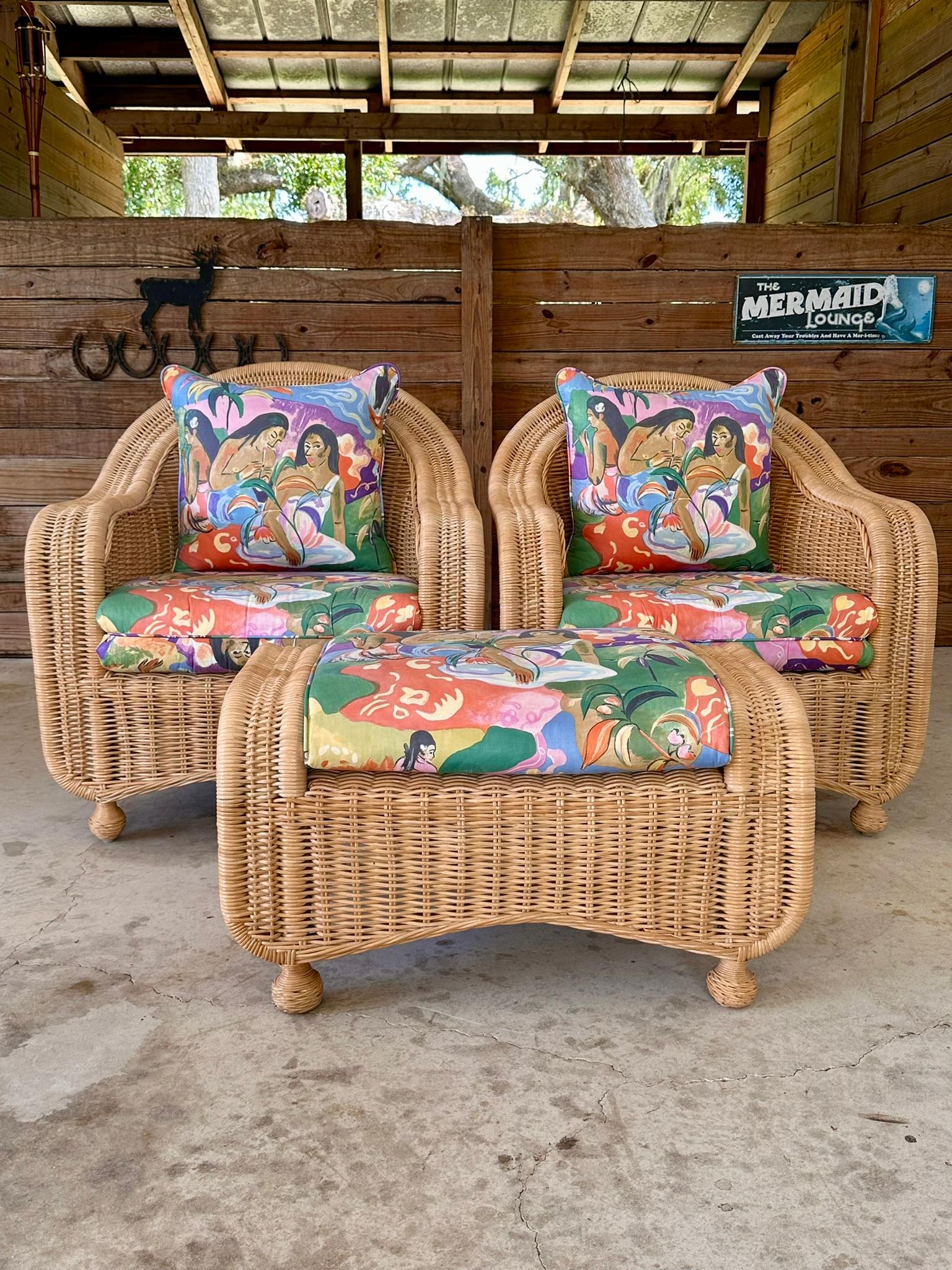Late 20th-Centurey Rattan Wicker Braid Lounge chairs and Ottoman Set 3