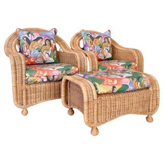 Late 20th-Centurey Rattan Wicker Braid Lounge chairs and Ottoman Set