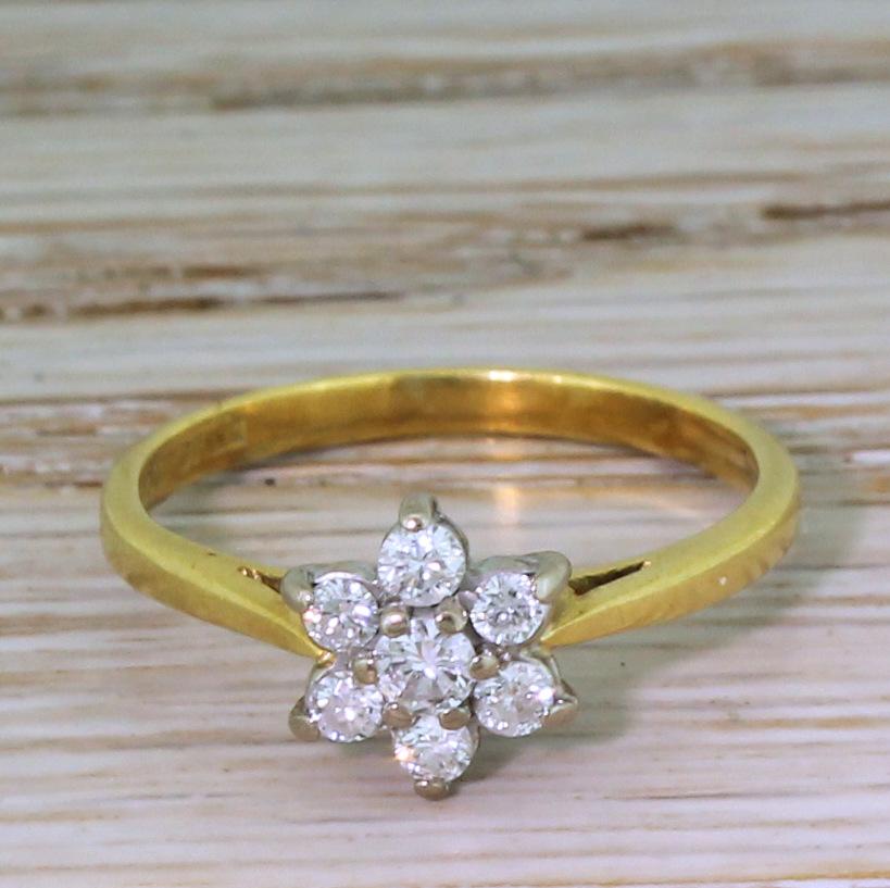 A delightful and very pretty diamond cluster ring. Featuring an (approx.) o.10 carat round brilliant cut diamond in the centre which sits slightly higher than the six (slightly smaller) diamond in the surround. All the stones are claw set in white