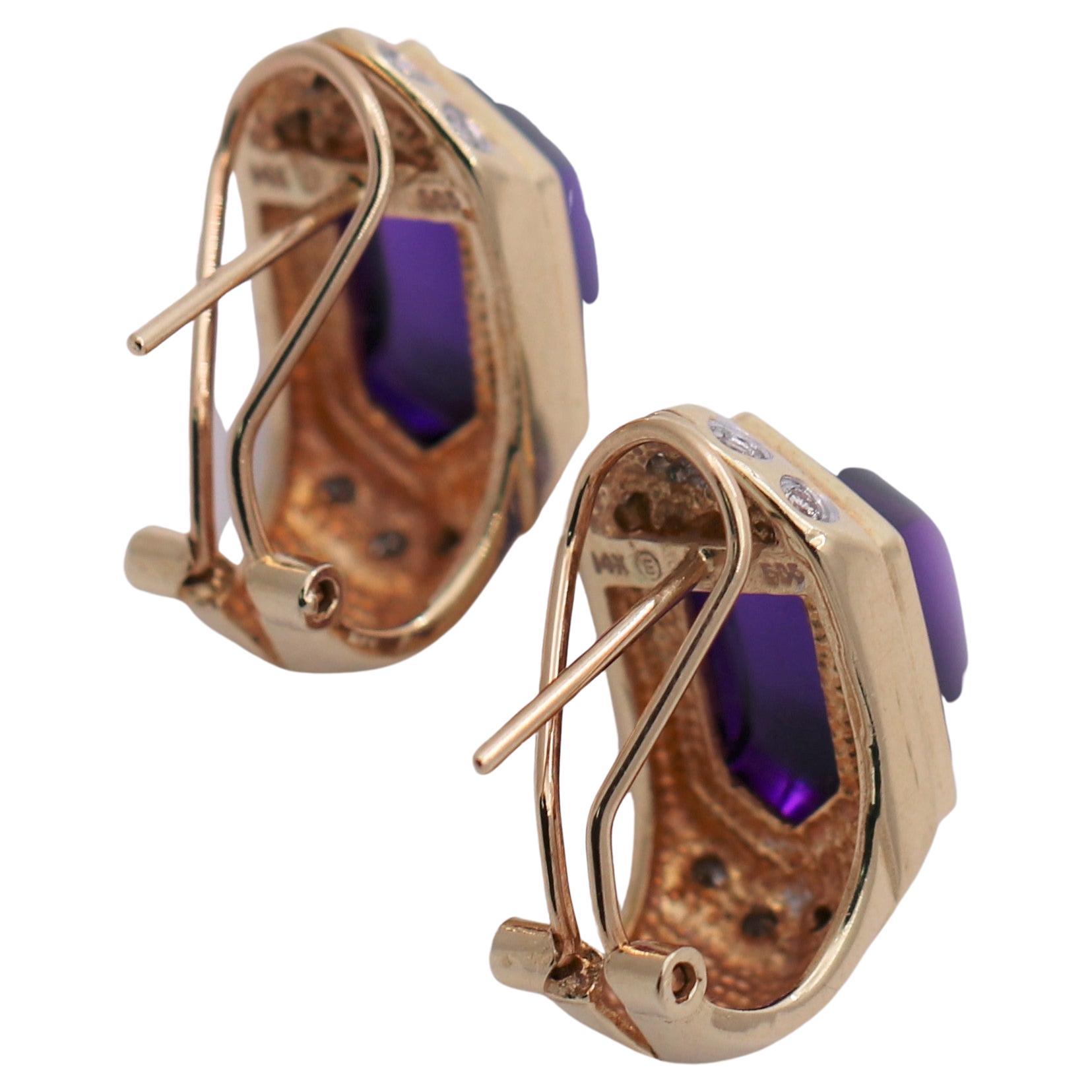 Modern 14k Yellow Gold. Amethyst and Diamond Earrings For Sale