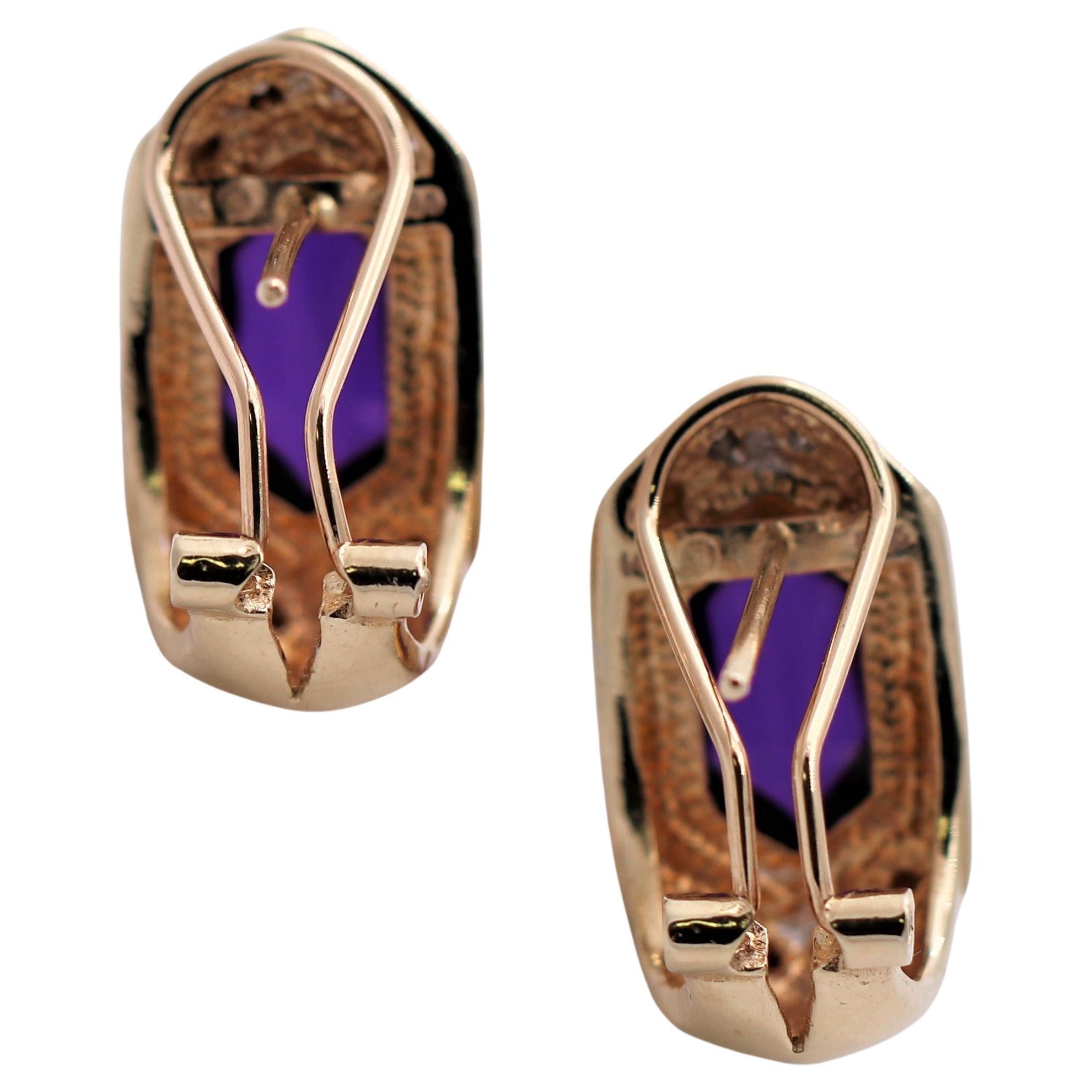 Cabochon 14k Yellow Gold. Amethyst and Diamond Earrings For Sale