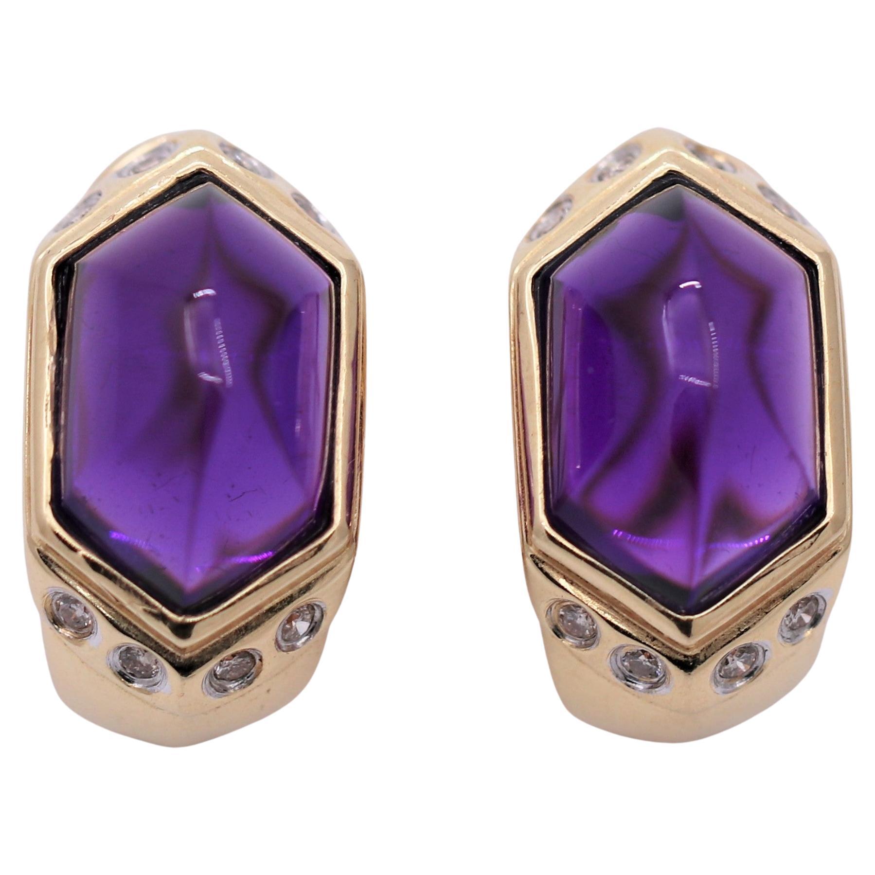 14k Yellow Gold. Amethyst and Diamond Earrings For Sale