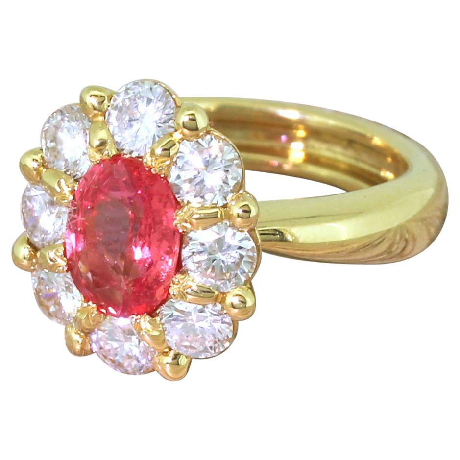 Late 20th Century 1.63 Carat Padparadscha Sapphire & Diamond 18 Karat Gold Ring