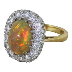 Vintage Late 20th Century 1.73 Carat Natural Opal and Diamond Cluster Ring