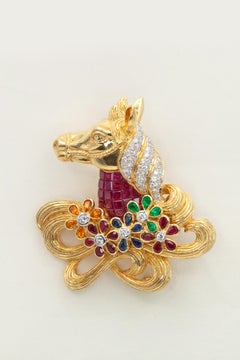 Late 20th Century 18K Gold Ruby Sapphire Emerald Diamond Horse Brooch