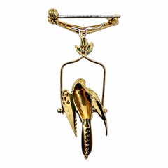 Late 20th Century 18K Parrot on a Perch Brooch w/Diamonds Emeralds & Ruby Eyes