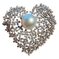 Late 20th Century 2018k Gold Diamond and Pearl Heart Brooch, Openwork Design