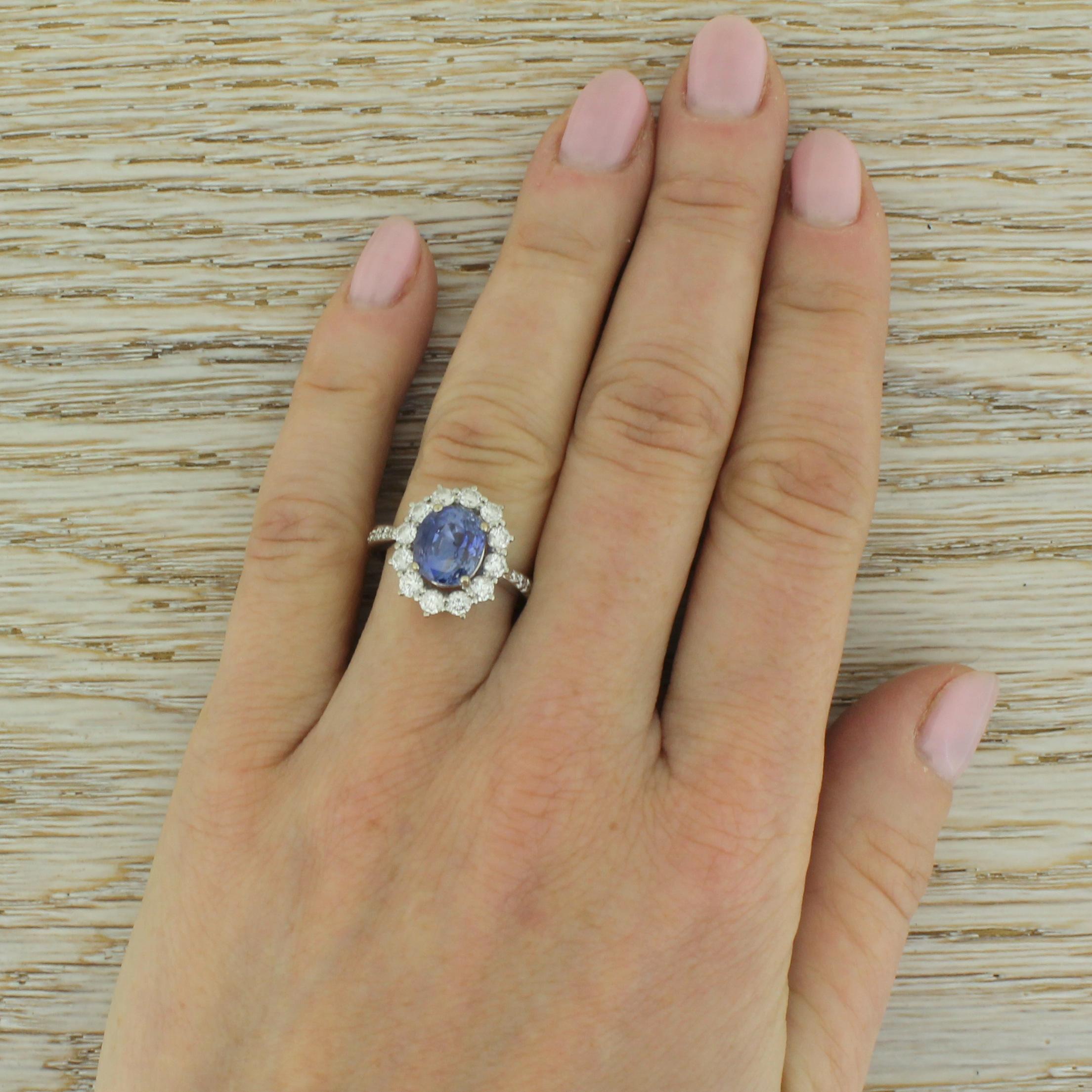 Late 20th Century 3.42 Carat Natural Sapphire and Diamond Cluster Ring For Sale 1